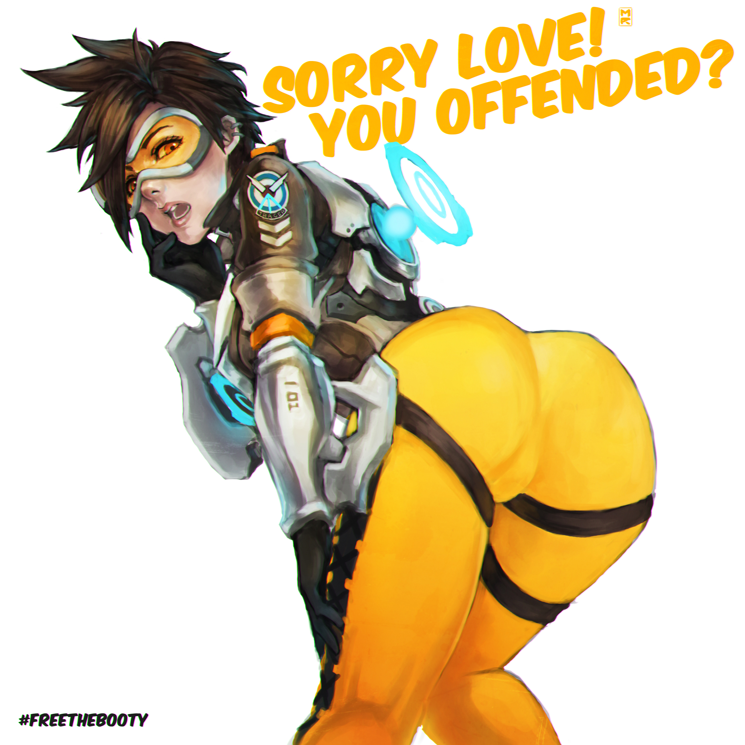 2d, ass, ass focus, bodysuit, brown hair, chronal accelerator, eyewear, female, female only, goggles, highres, human, looking at viewer, open mouth, overwatch, overwatch 2, short hair, simple background, skin tight, solo, tracer, visor, white background