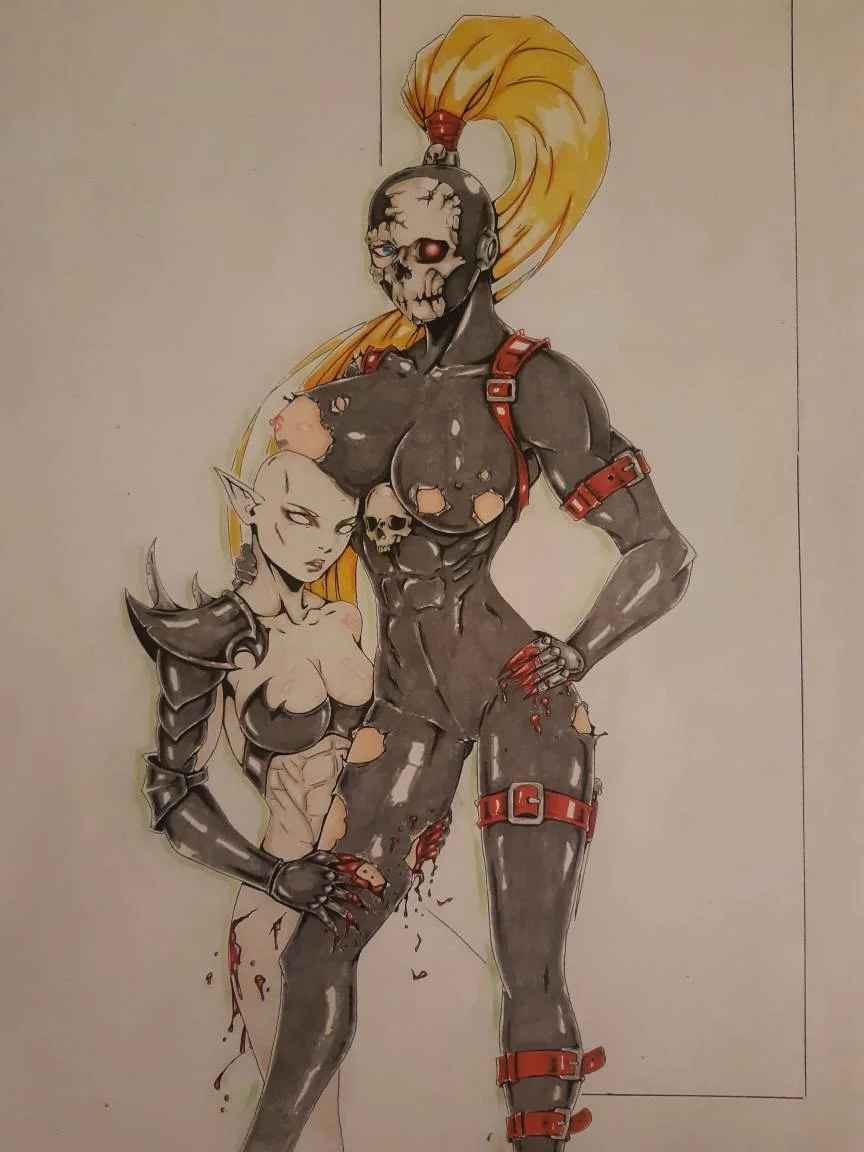 2girls aurion_(artist) callidus_assassin dark_eldar drukhari female female_only hugging imperium_of_man multiple_girls officio_assassinorum skintight skintight_bodysuit warhammer_(franchise) warhammer_40k yuri