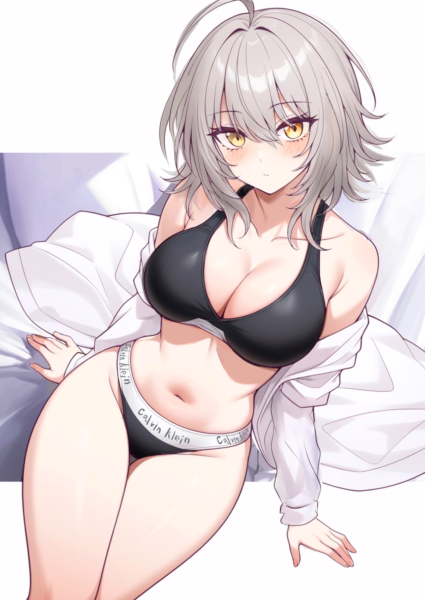 1girls, artist request, bare shoulders, belly, belly button, belly cutout, belly fetish, belly outline, blush, blushing, bra, breasts, calvin klein, fate (series), female, female only, golden eyes, grey hair, hi res, hot body, hourglass figure, hourglass figured female, jacket down, jeanne alter, jeanne d'arc alter (fate), looking at viewer, midriff, midriff cutout, midriff exposed, midriff focus, midriff showing, navel, navel cutout, navel fetish, navel line, navel outline, perfect belly, perfect body, round breasts, seducing, seduction, seductive, seductive body, seductive eyes, seductive gaze, seductive look, seductive pose, sensual, sensual look, sexy body, sexy female, sexy pose, short hair, sitting, slender, slender body, slender build, slender legs, slender waist, slim body, slim female, slim figure, slim girl, slim thick, slim torso, slim waist, soft blush, suggestive, suggestive look, suggestive pose, suggestive posing, thick thighs, thigh gap, thighs, tummy, underwear, underwear only, wide hipped female, wide hips, yellow eyes