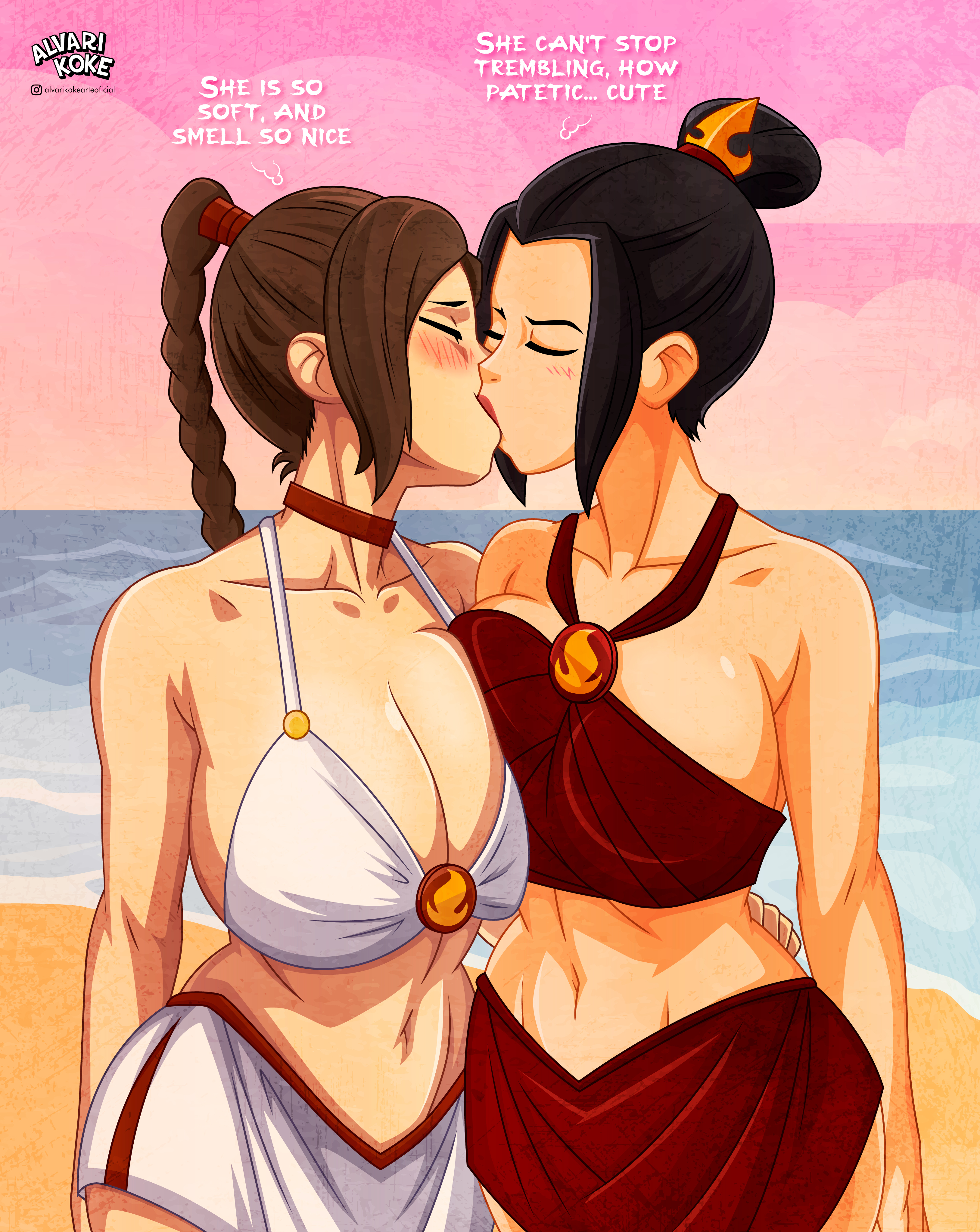 2025, 2girls, alternate breast size, alvarikokearte, arm around partner, arm around waist, asymmetrical docking, avatar the last airbender, azula, beach, big breasts, bikini, blush, breasts, breasts bigger than head, breasts touching, busty, deep kissing, english text, female, female only, fire nation, french kiss, girls kissing, horny female, huge breasts, kissing, lesbian kiss, light-skinned female, lipstick, making out, outdoors, passionate, png, romantic, sand, sky, standing, sunset, swimsuit, tagme, text, thought bubble, trembling, ty lee, upper body, water, yuri