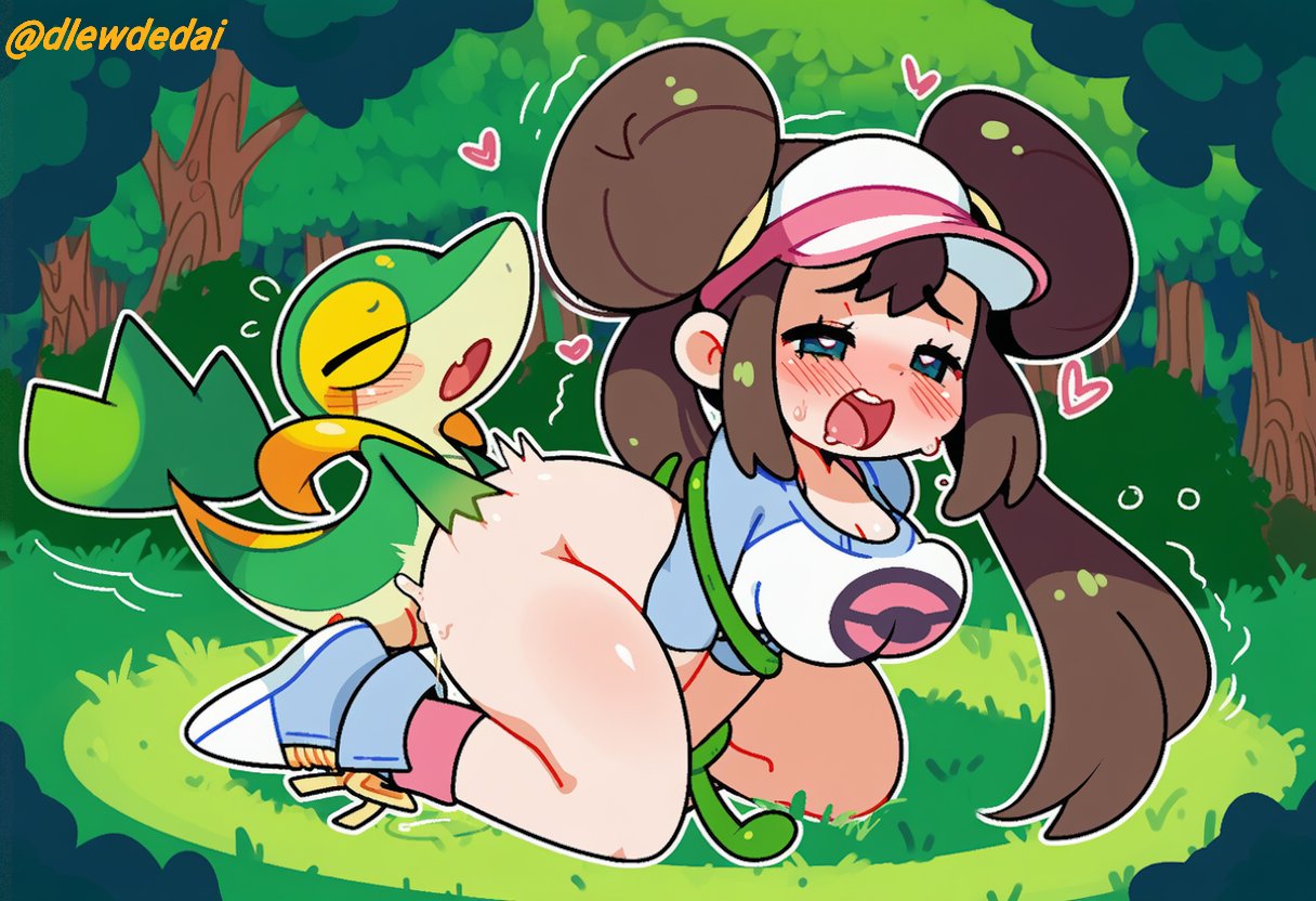 1boy, 1girls, ai assisted, ai generated, dlewdedai, pokemon, pokephilia, rosa (pokemon), small dom big sub, snivy