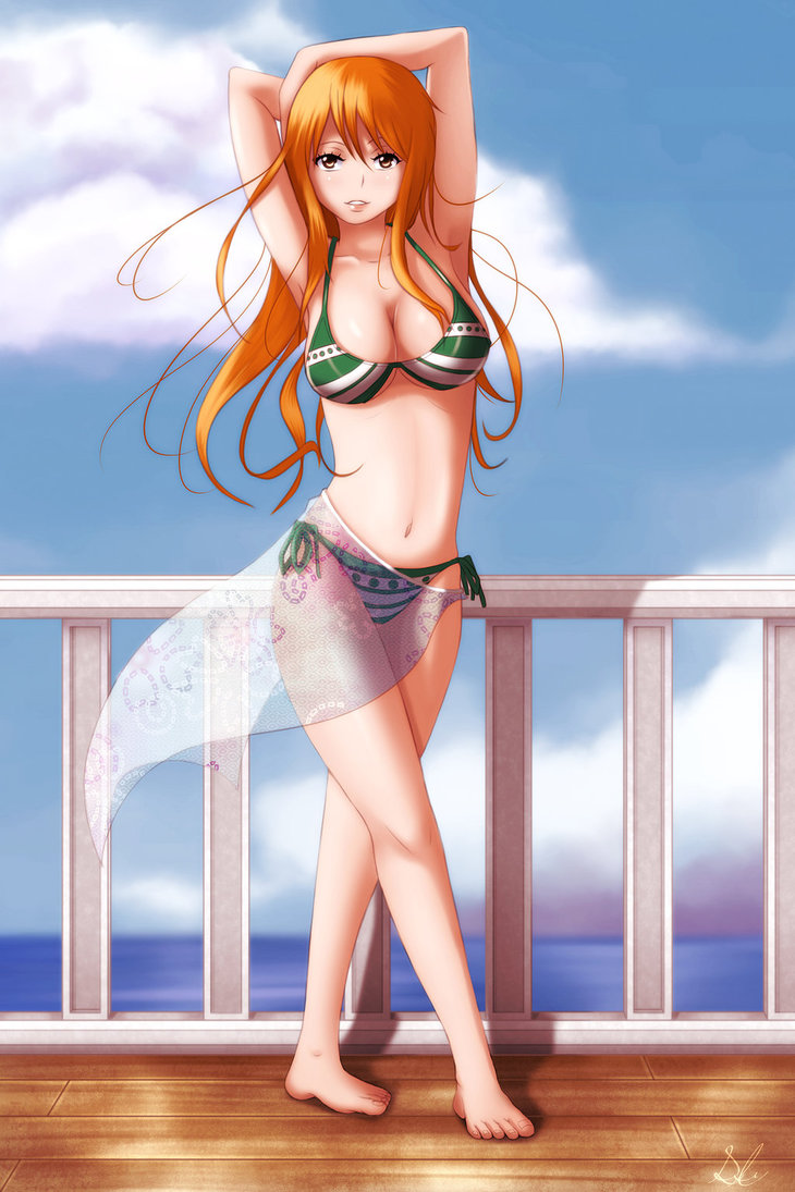 1girls, bikini, brown eyes, female, female only, human, long hair, nami (one piece), one piece, orange hair, orange-haired female, rocky-ace, solo, striped bikini, tagme