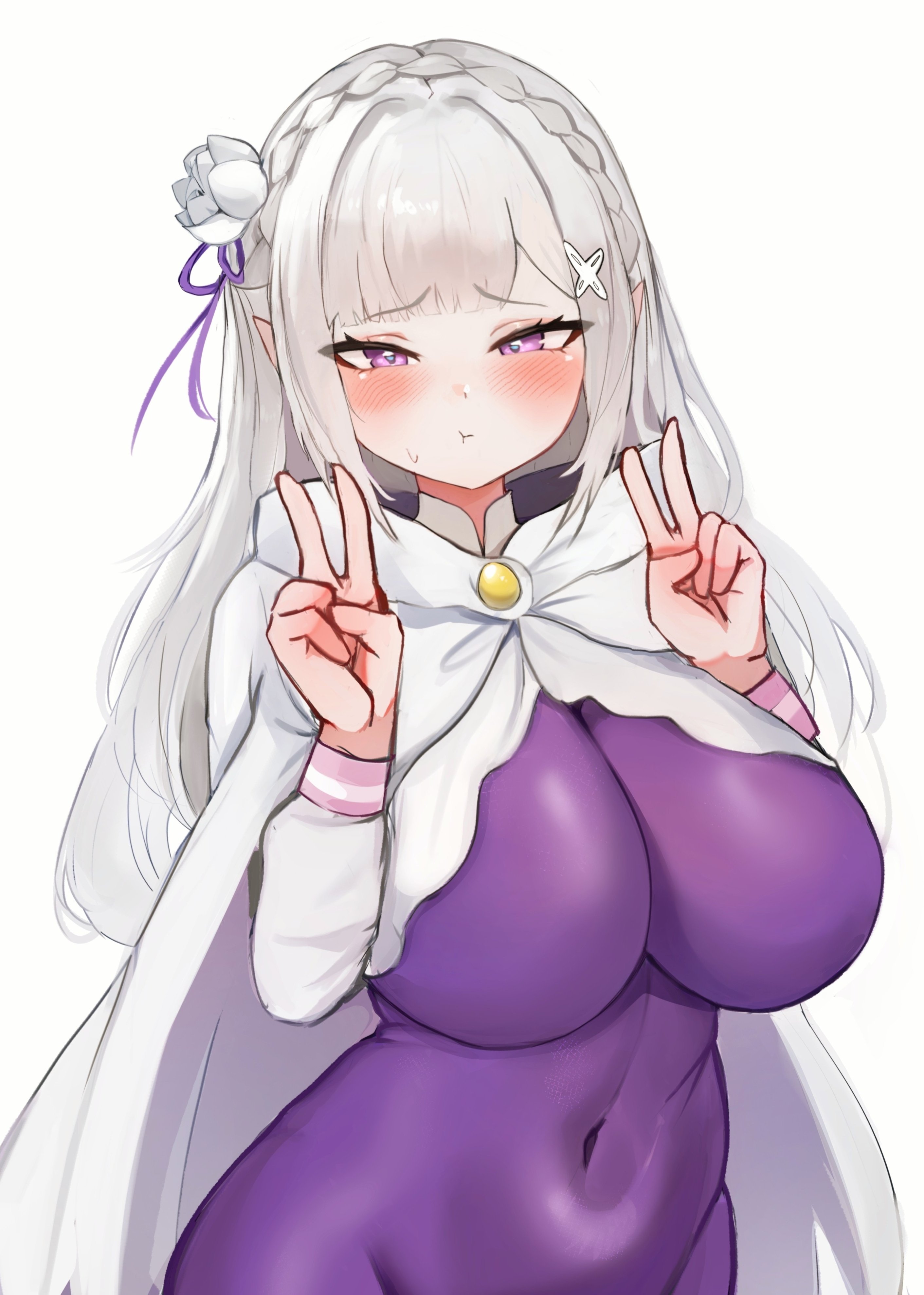 1girls, breasts, emilia (re:zero), female, female focus, female only, large breasts, light skin, light-skinned female, looking at viewer, pingun, re:zero kara hajimeru isekai seikatsu, solo, thick thighs, thighs, white cloak, wide hips