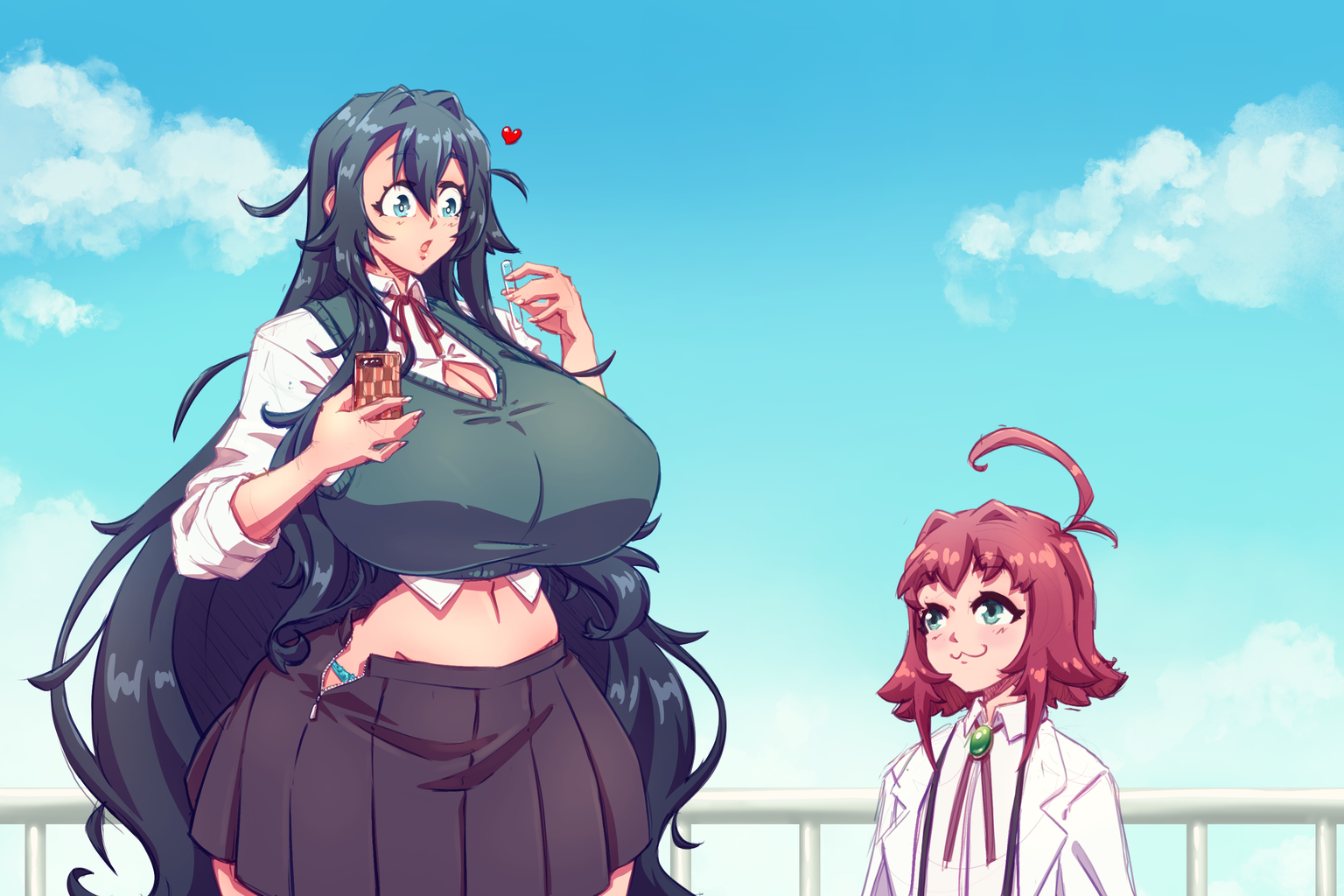 2girls, alternate breast size, amazon, bare midriff, big breasts, body growth, body growth (enlargement), breast expansion, breast growth, breasts, cleavage, duo, female, female only, hourglass expansion, hourglass figured female, huge breasts, kimi no koto ga dai dai dai dai daisuki na 100-nin no kanojo, large ass, lips, n647, nipple bulge, size difference, text, thick thighs, wide hips, yakuzen kusuri, yoshimoto shizuka