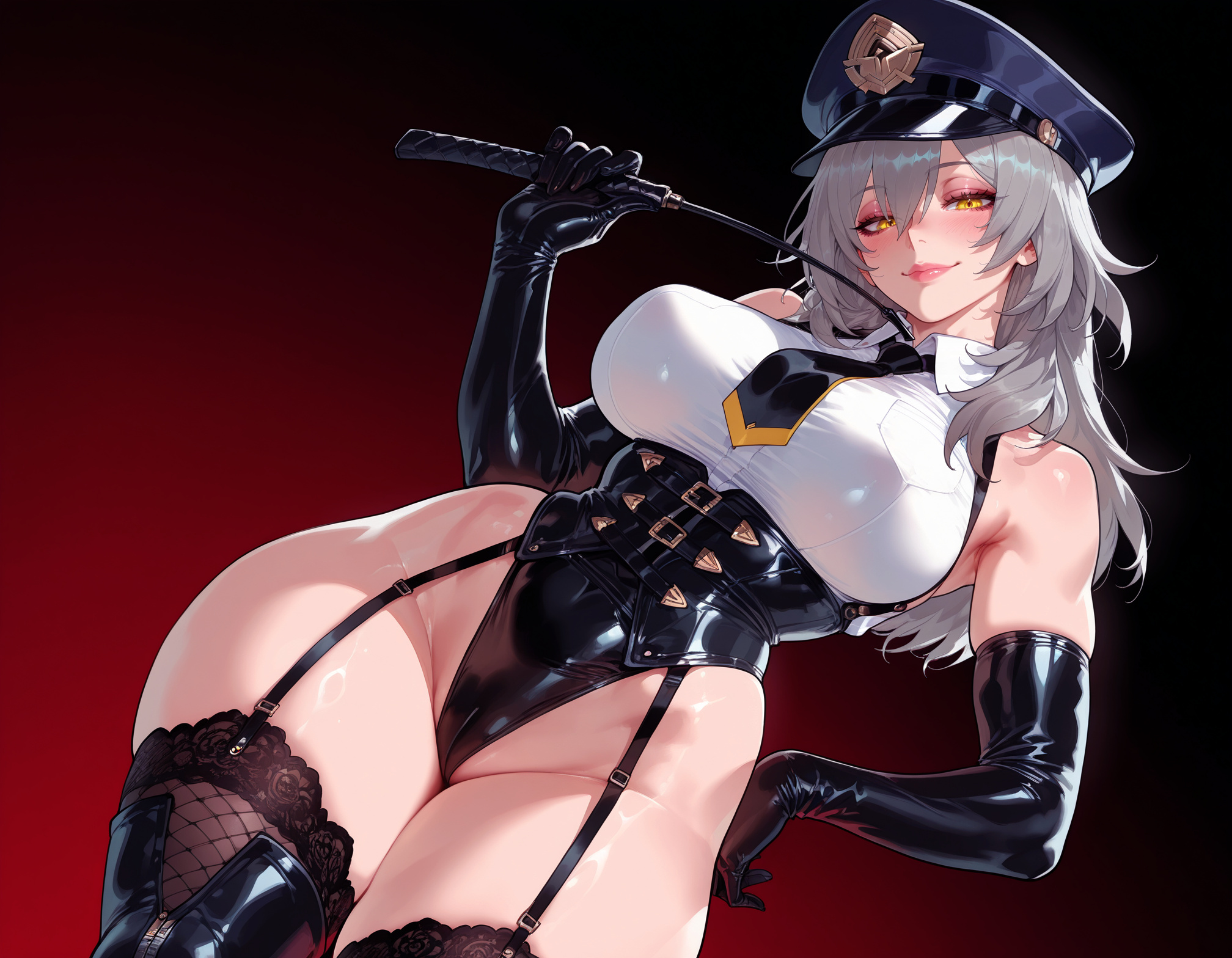 , 1girl, 1girls, ai generated, alternate costume, balecxi, bare shoulders, black corset, black gloves, black headwear, black legwear, black leotard, black necktie, black thighhighs, blush, boots, breasts, cameltoe, clothing, collared shirt, corset, crotch zipper, curvaceous, curvaceous female, curvaceous figure, curvy, curvy figure, dominatrix, elbow gloves, female, female focus, fishnet thighhighs, fishnets, garter straps, gloves, gradient background, grey hair, hair between eyes, hand on own hip, hat, headwear, highleg, highleg leotard, holding, holding whip, honkai: star rail, hoyoverse, inviting, inviting to sex, lace trim, large breasts, latex, latex gloves, legwear, leotard, lips, long hair, looking at viewer, mihoyo, necktie, peaked cap, police hat, presenting, presenting ass, presenting breasts, presenting hindquarters, presenting pussy, presenting self, red background, riding crop, seductive, seductive look, seductive smile, shirt, sleeveless, sleeveless shirt, smile, solo, stelle (honkai: star rail), thick thighs, thigh boots, thighhighs, thighs, trailblazer (honkai: star rail), voluptuous, voluptuous female, whip, white shirt, wide hips, yellow eyes