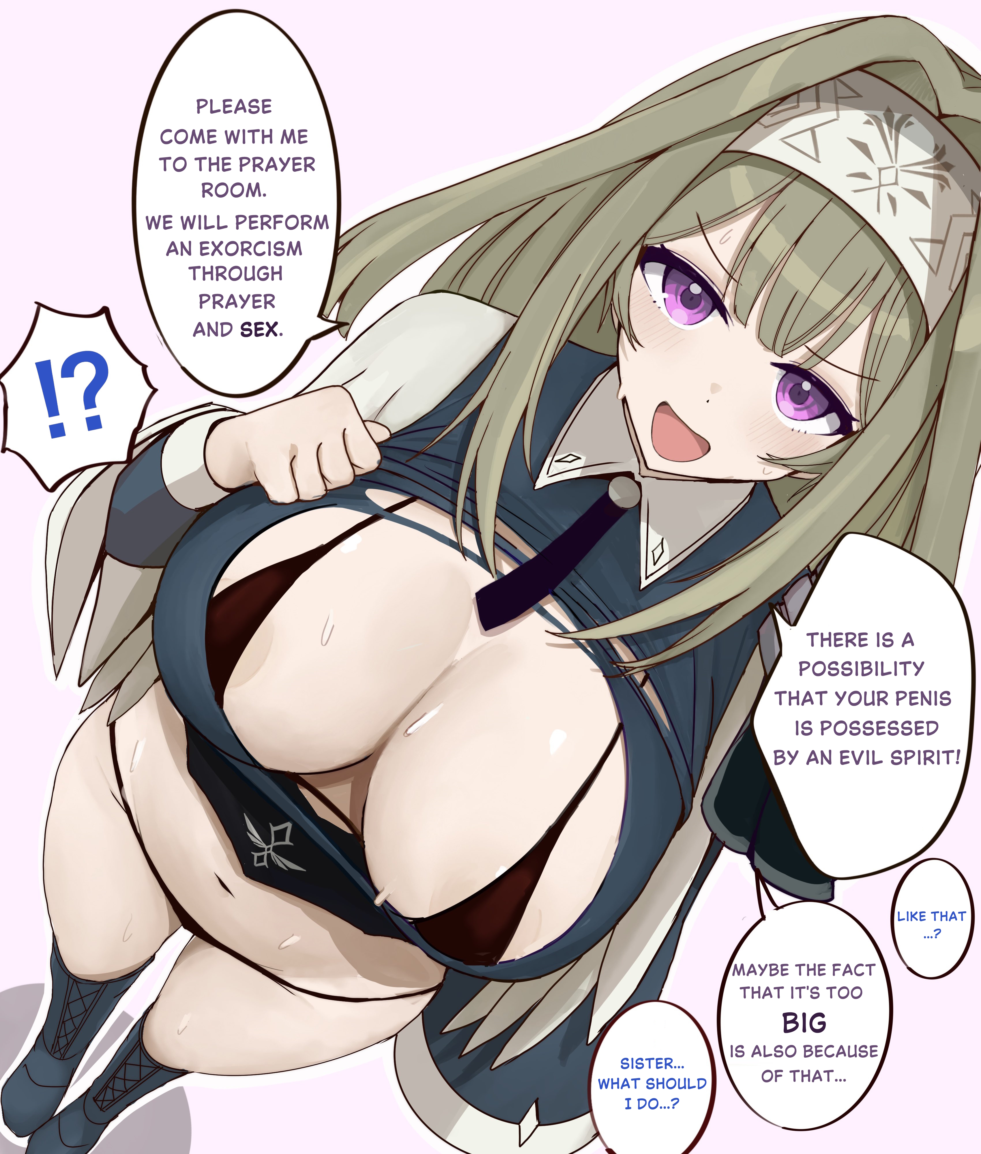 :d, !?, 1boy, 1boy1girl, areolae, bikini, blonde hair, boobs, boots, curvy, duel monster, edit, english text, espkiriyama, exorcist, exosister irene, exosisters, exposed breasts, female, female focus, fringe, hi res, hips, huge breasts, konami, large breasts, light skin, lingerie, looking at viewer, mischievous smile, nun, panties, purple eyes, removing clothing, semi nude, showing breasts, smile, standing, string, string panties, surprised, sweat, sweatdrop, thighs, translated, younger female, yu-gi-oh!
