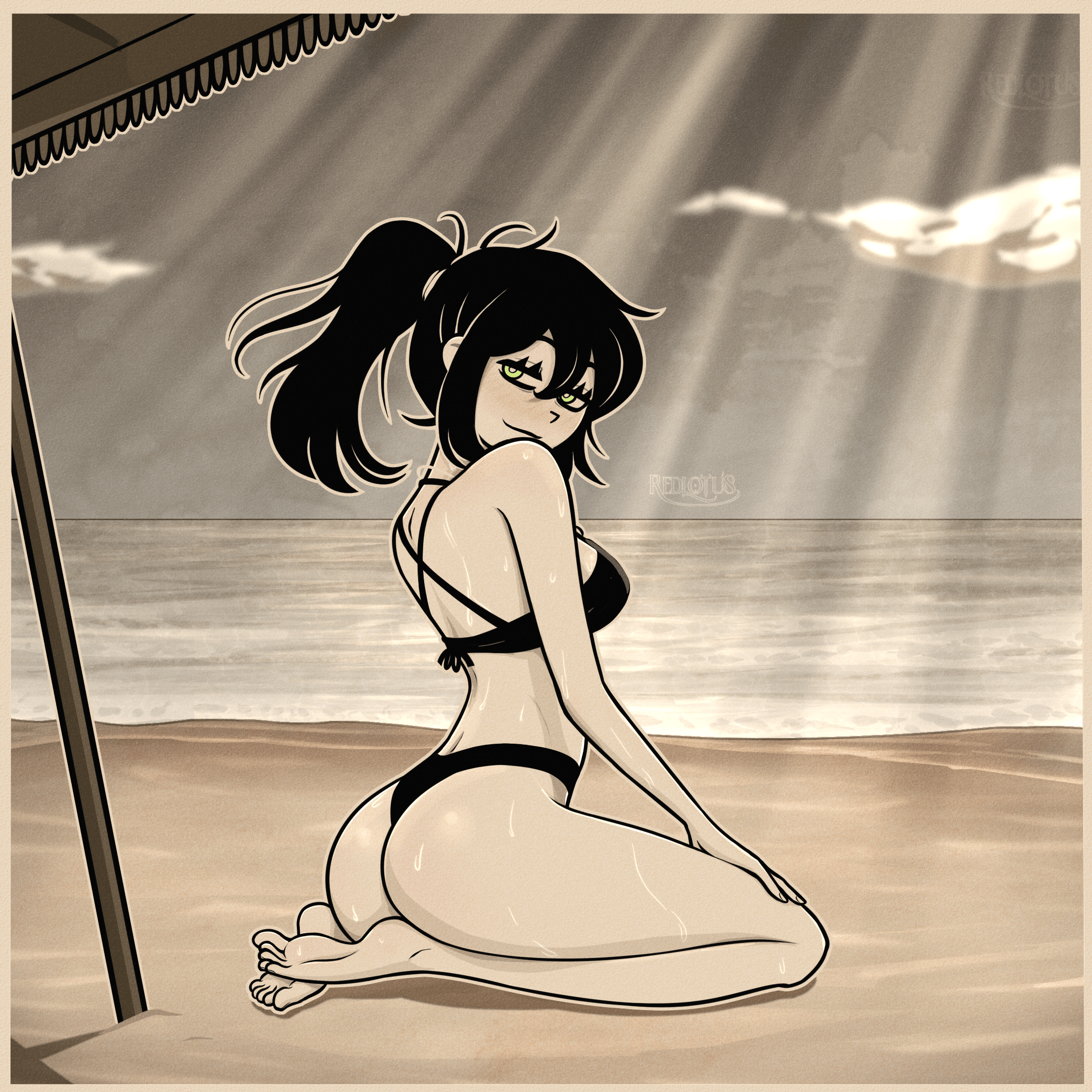 1girls, absurd res, absurd resolution, absurdres, alternate version available, ass, back, back view, bare calves, bare shoulders, barefoot, beach, beach umbrella, bedroom eyes, big ass, big butt, bikini, bikini bottom, bikini top, black bikini, black hair, blush, blushing, breasts, calves, cloud, clouds, curvaceous, curvy, curvy female, curvy figure, fat ass, feet, female, female focus, female only, green eyes, hair between eyes, half-closed eyes, hi res, high resolution, highres, large ass, light skin, light-skinned female, looking back, mature, mature female, medium breasts, milf, mother (the coffin of andy and leyley), narrowed eyes, ocean, outdoors, outside, ponytail, rear view, redlotus, renee graves, sand, seductive, seductive eyes, seductive look, seductive smile, sideboob, sidelocks, sitting, smile, smiling, soles, solo, solo female, solo focus, sweat, sweating, sweating female, sweaty back, sweaty body, sweaty butt, tagme, the coffin of andy and leyley, thick thighs, thighs, tied hair, umbrella, voluptuous, voluptuous female, water