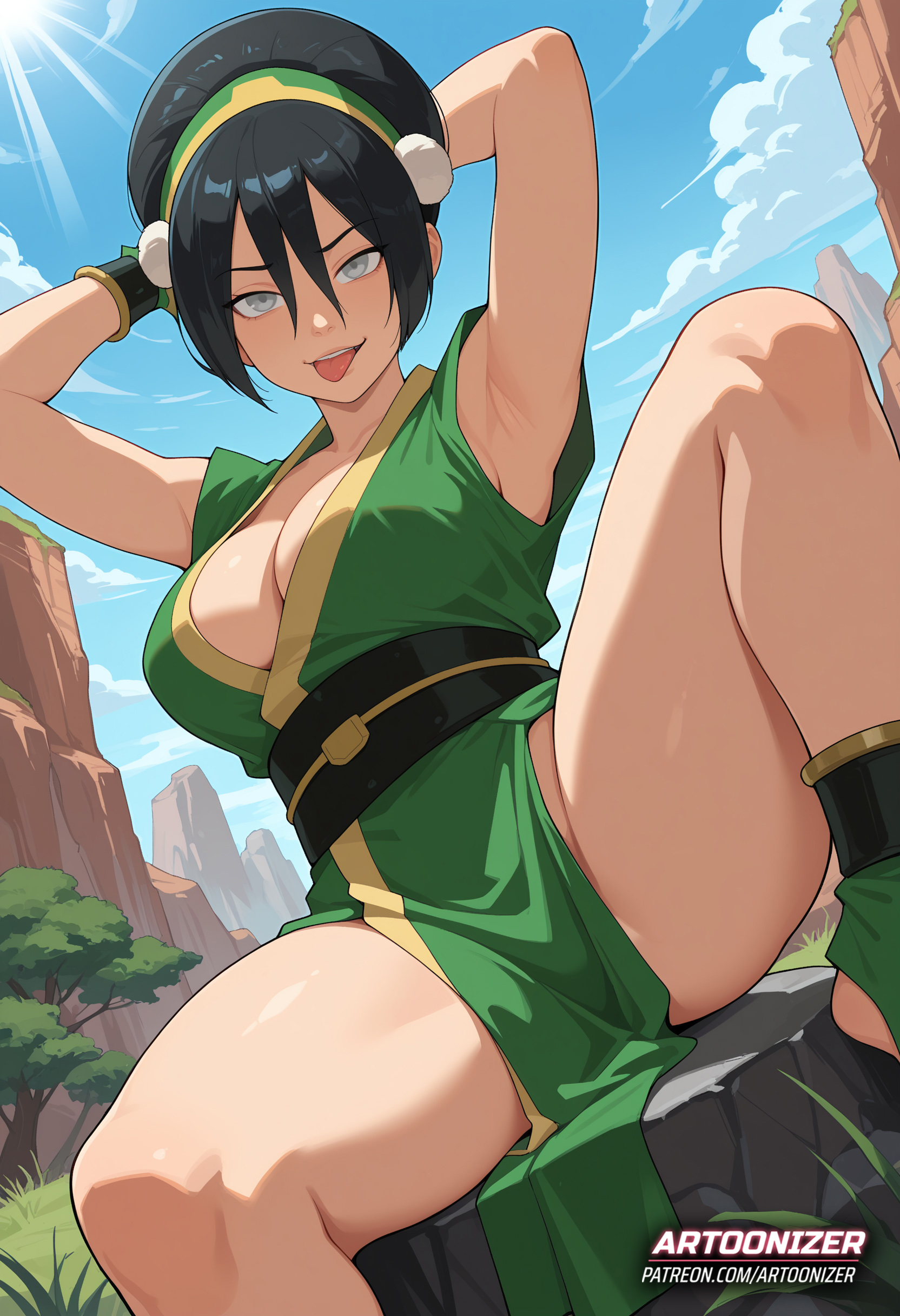1girls, ai generated, armpits, arms behind back, artoonizer, ass, avatar legends, avatar the last airbender, belt, big ass, big breasts, black hair, blind, breasts, dress, female, grey eyes, hairband, headband, kimono, legs apart, legs spread, light skin, light-skinned female, looking at viewer, nickelodeon, one leg up, outdoors, pale eyes, parted lips, patreon, patreon username, plunging neckline, posing, sitting, solo, solo female, solo focus, the legend of aang, thick hips, thick thighs, tongue, tongue out, toph bei fong, traditional clothes, viewed from below, wide hips