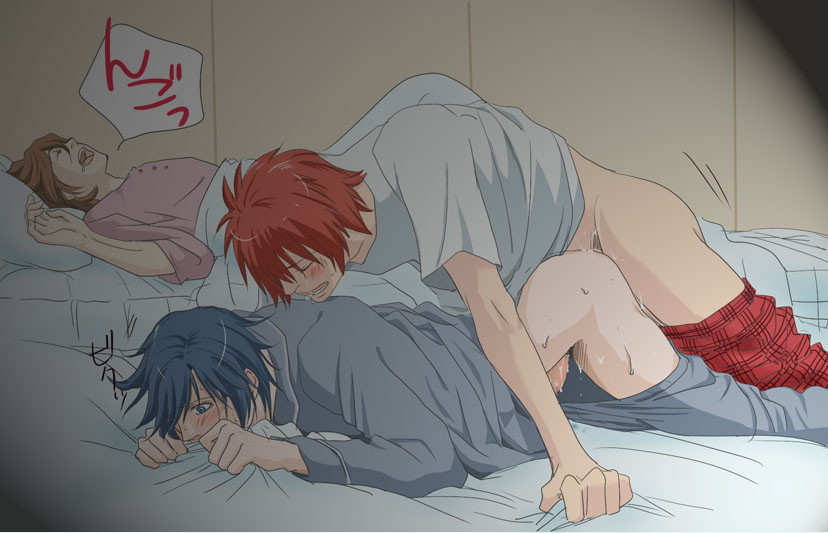 3boys anal basset_hound_position bed blush doggy_style_position gay human human_only ichinose_tokiya kotobuki_reiji male male/male male_on_male male_only multiple_boys otoya_ittoki sex sleep_sex sleeping undressing uta_no_prince-sama wince yaoi