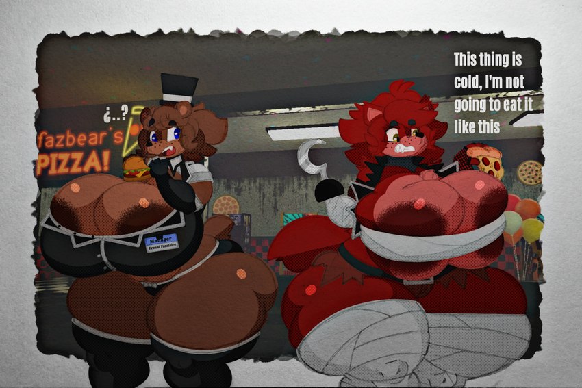 2girls, anthro, big breasts, brown hair, female, female only, fexa, five nights at freddy's, food, foxy (fnaf), freddy (fnaf), fredina's nightclub, frenni fazclaire, lustyknightdraws, red hair, source request, tagme, thick thighs, wide hips