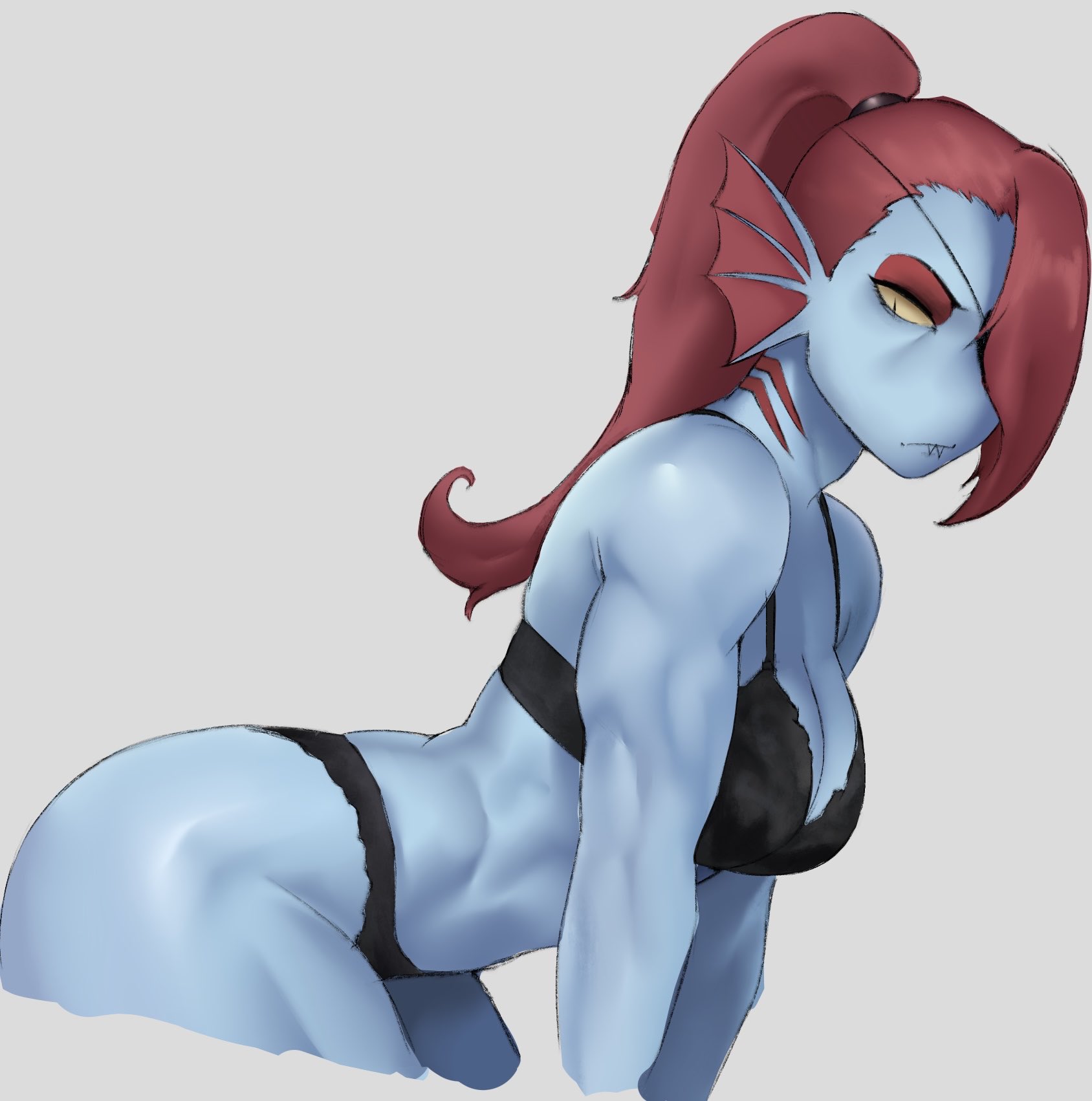 1girls, abs, big breasts, breasts, female, female only, lingerie, meruzis, muscular, muscular female, ponytail, undertale, undyne