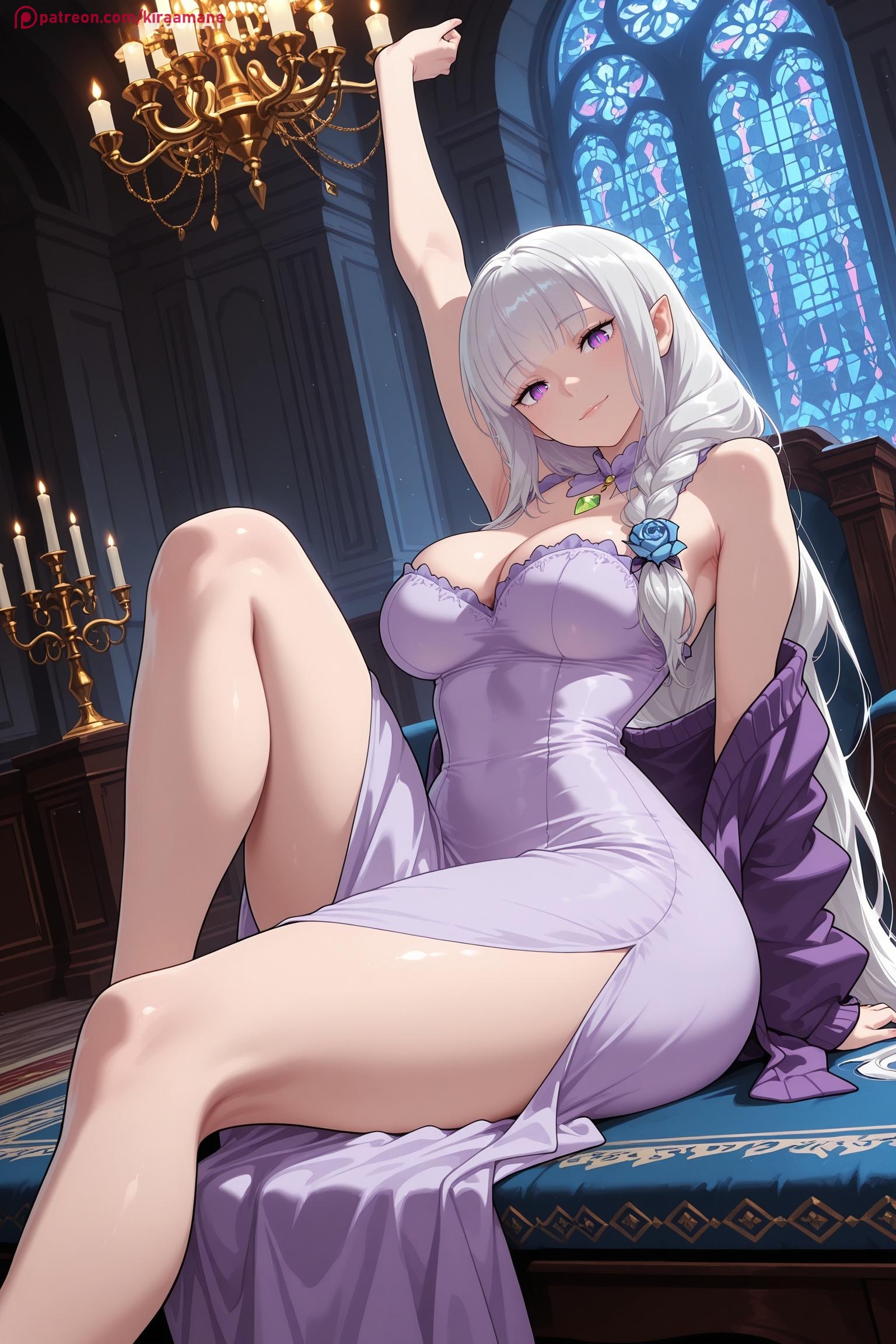 1girl, ai generated, bangs, bare shoulders, blush, braid, breasts, cleavage, dress, emilia (re:zero), hair ornament, hi res, high quality, high resolution, indoors, kiraamane, large breasts, long hair, looking at viewer, patreon, purple eyes, re:zero kara hajimeru isekai seikatsu, seductive, sexy, silver hair, sitting, smile, solo, thighs, uncensored, watermark, white dress