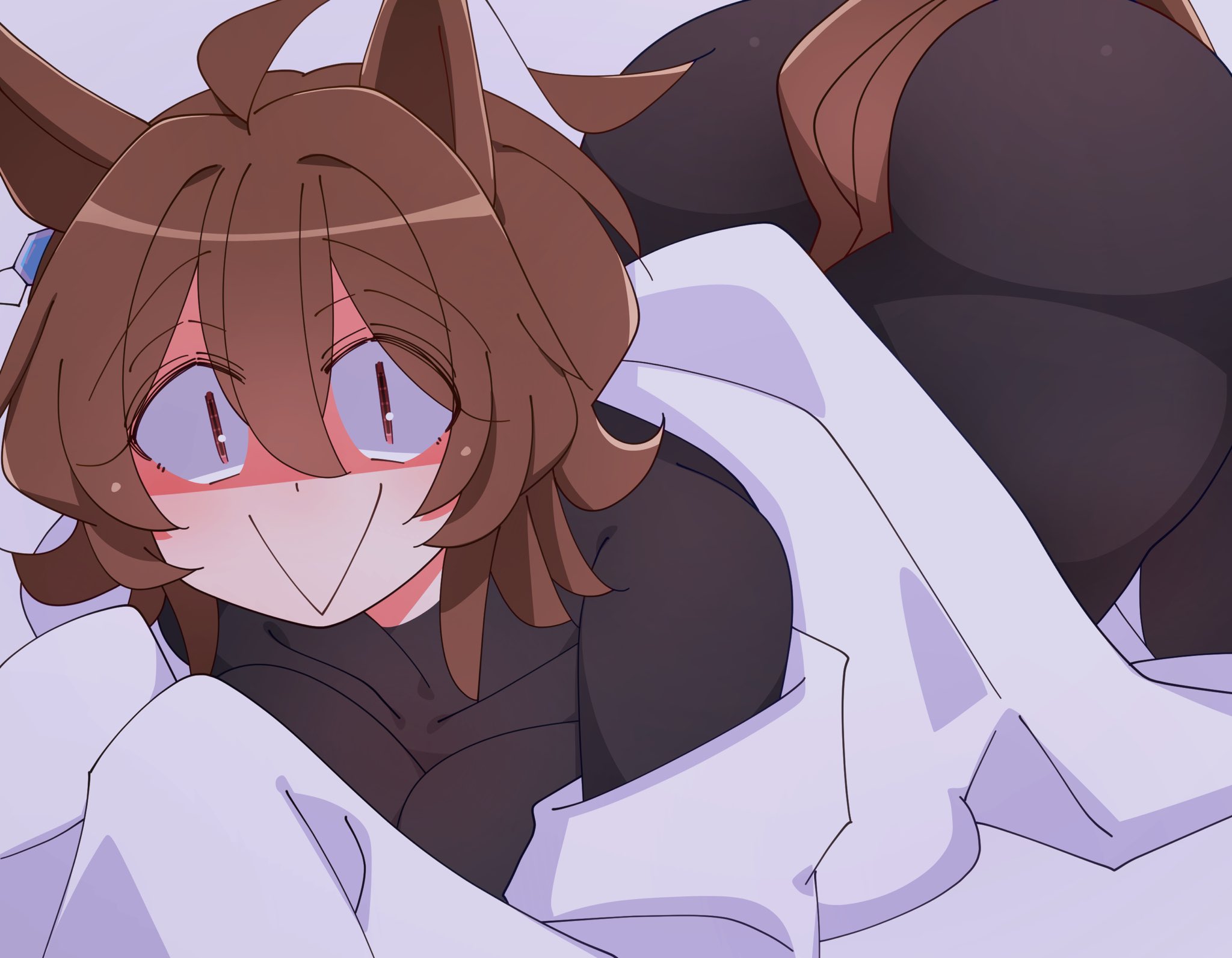 :>, 1girls, 2026, 2d, 2d (artwork), agnes tachyon (umamusume), all fours, animal ears, animal tail, ass, black bodysuit, black clothing, bodysuit, brown hair, clothed, clothing, color, colored, cygames, digital media (artwork), female, female only, fully clothed, hi res, horse ears, horse tail, kaijin debeso, looking at viewer, medium hair, open eyes, red eyes, simple background, smile, smile at viewer, solo, tail, umamusume, umamusume pretty derby, white background