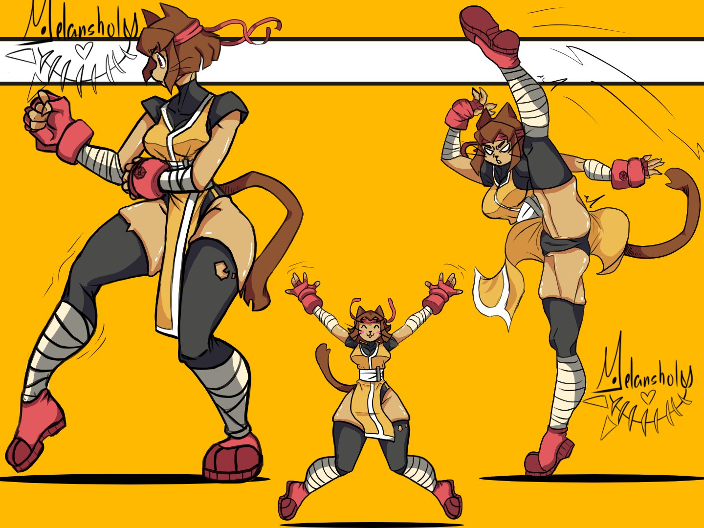 anthro, cat, catgirl, clothing, cosplay, female, female only, fighting pose, furry, furry female, gameoverse, glitch productions, kit (gameoverse), kit bodega, legs up, melansholy ori, panties, pussy lips, pussy outline, solo, stockings, training