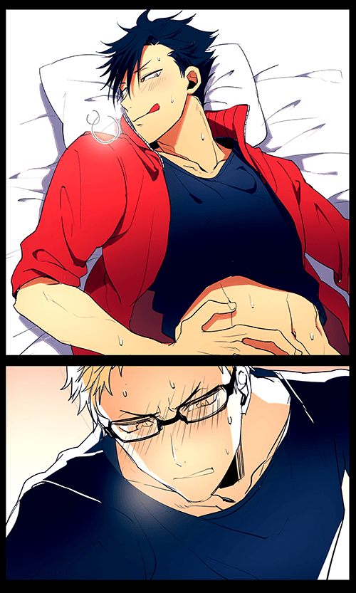 2boys bed blonde_hair glasses haikyuu!! kuroo_tetsurou male_only multiple_boys muscle naughty_face sweat tagme tsukishima_kei undressing yaoi