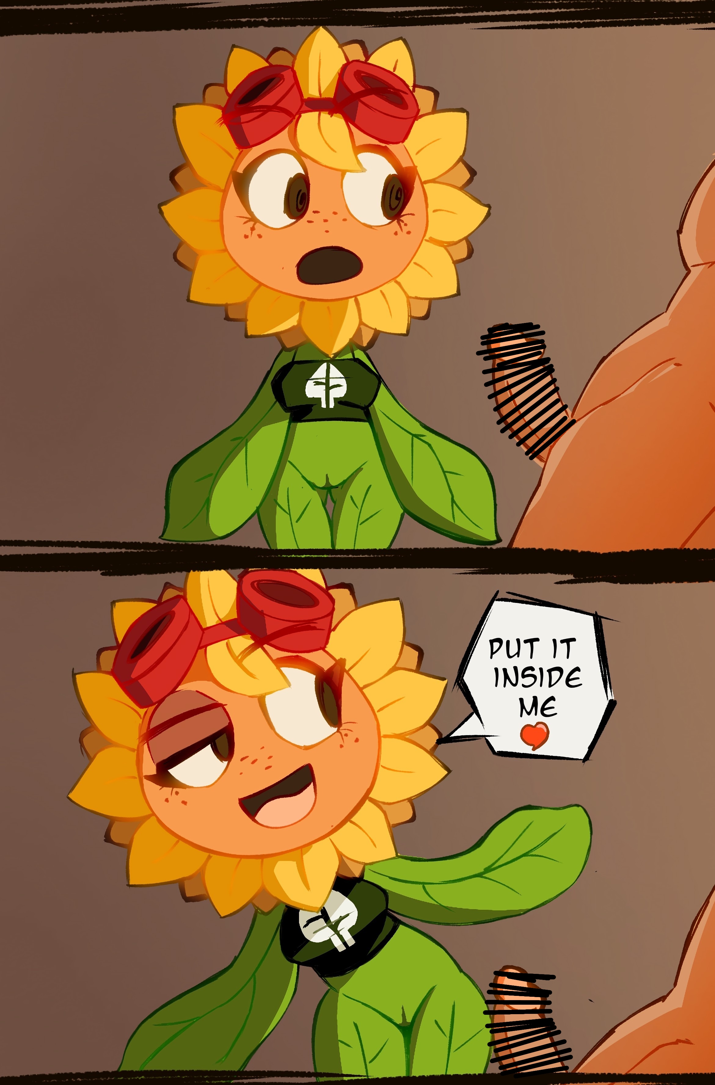 1boy, 1girls, anthro, anthrofied, ass, breekn, brikmk, censored, electronic arts, female, flora fauna, freckles, human, human on anthro, penis, plant, plant humanoid, plantie, plants vs zombies, plants vs. zombies, popcap games, solar flare (pvz), straight, sunflower (pvz), thick thighs, video game character, video games