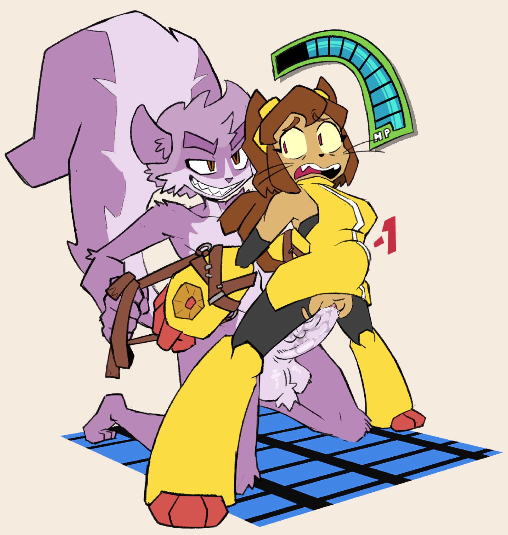 1boy, 1girls, algob4v, anthro, anthro female, anthro male, anthro only, arms pulled back, belt bondage, bondage, cat ears, cat tail, catgirl, clothes, clothes lift, da goop, defeated, dubious consent, feline, furry, gameoverse, gameplay mechanics, glitch productions, interspecies, kit (gameoverse), kit bodega, original character, penetration, questionable consent, rape, skunk, stomach bulge, straight, tail, vaginal