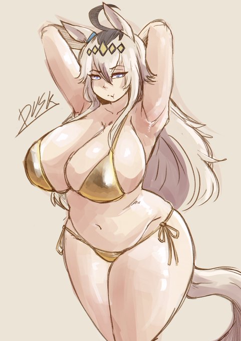 armpits, bbw, big breasts, busty, busty female, curvy, curvy female, food in mouth, golden bikini, golden week, horse ears, horse girl, horse tail, long hair, oguri cap (umamusume), rdusk, rdusk huntress, silver hair, thick thighs, umamusume, umamusume pretty derby, wide hips