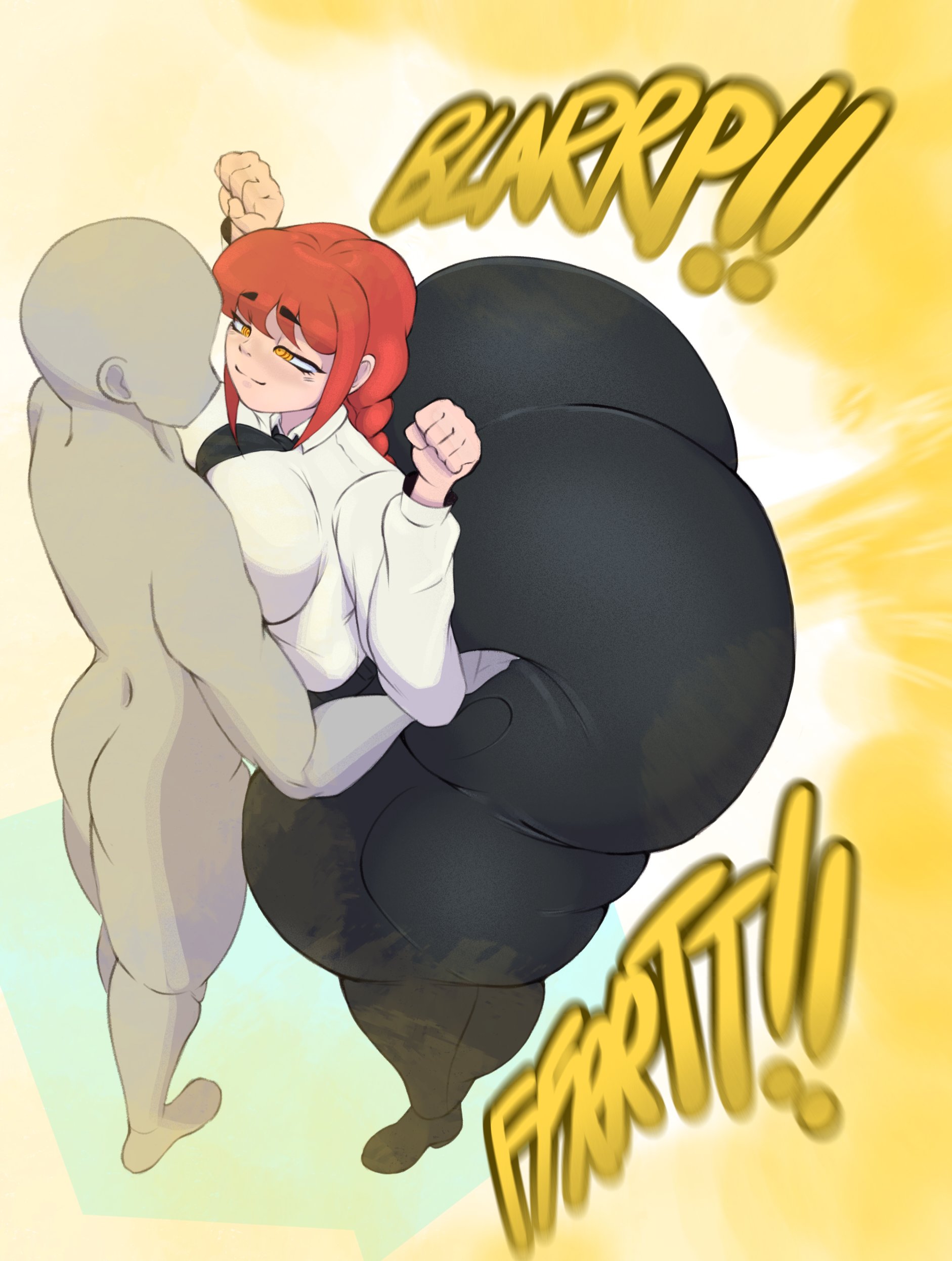 1boy, 1girls, anonymous male, ass, breast press, chainsaw man, fart, fart cloud, fart fetish, farting, fat ass, gigantic ass, grabbing another's ass, grabbing ass, huge breasts, long hair, makima (chainsaw man), massive ass, nightmaresfd, raised eyebrows, red hair, smile, standing, yellow eyes