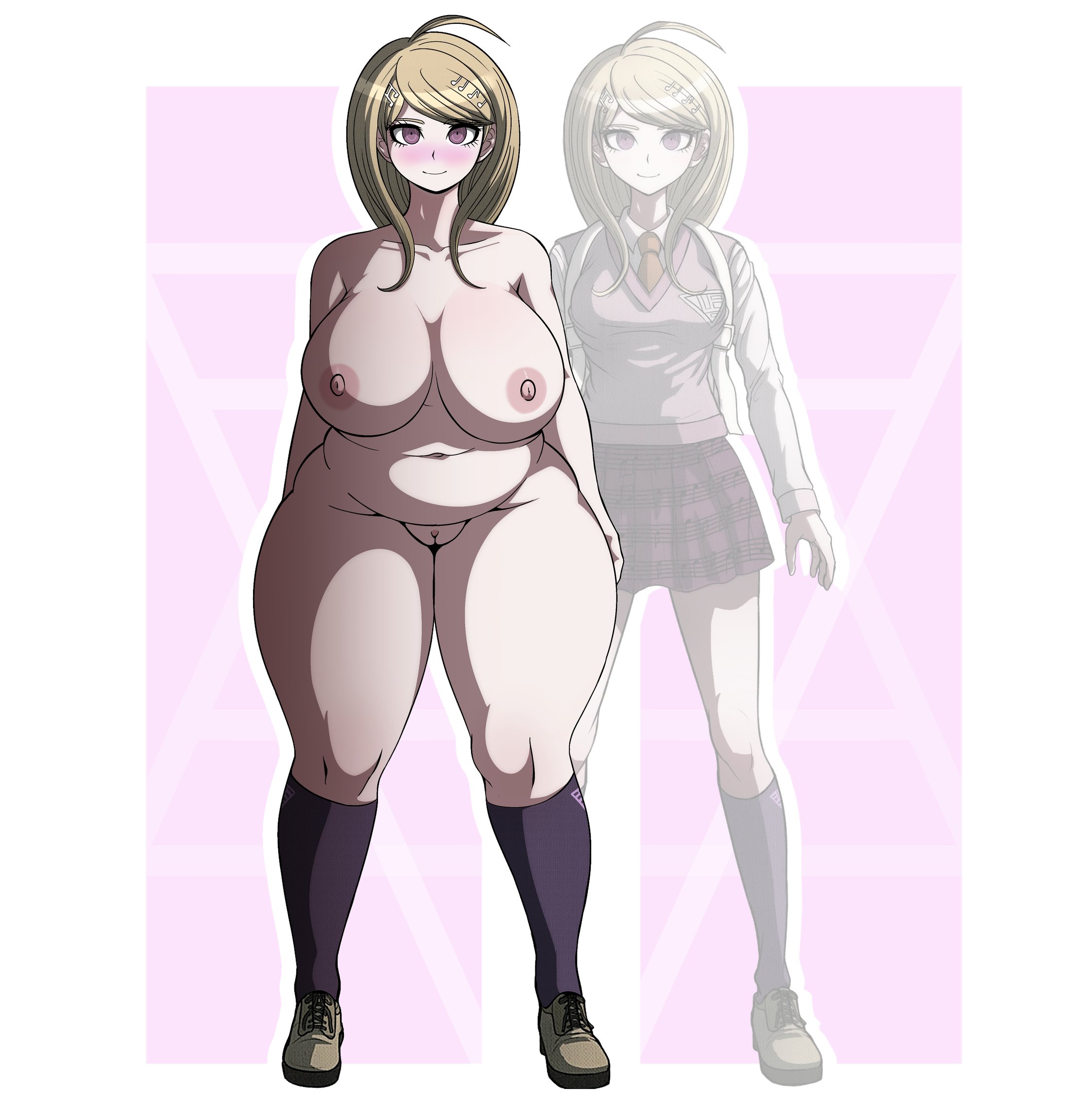 1girls, akamatsu kaede, before and after, belly, blonde female, blonde hair, blush, blushing, chubby, chubby female, comparison, danganronpa, danganronpa v3, erect nipples, gigantic thighs, hard nipples, huge breasts, huge thighs, muffin top, naked female, navel, naver, nude, nude female, pudgy belly, pussy, thick thighs, thighhighs, weight gain, wide hips
