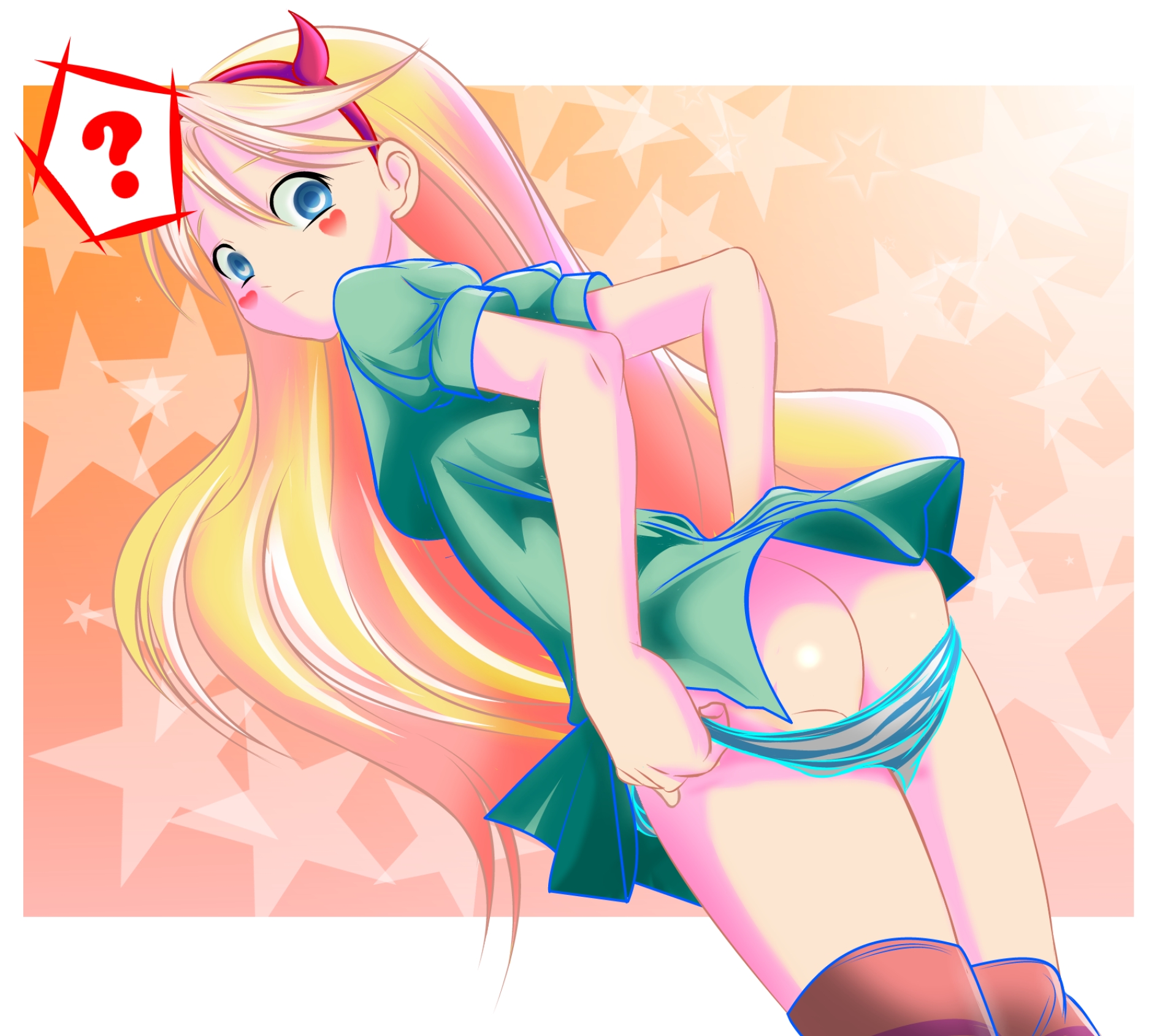 ?, 1girls, ass, blonde female, blonde hair, disney, disney channel, disney xd, dress, dutch angle, fake horns, female, human, mikado ryouma, panty pull, solo, star butterfly, star vs the forces of evil, straight hair, striped, striped panties, text, upskirt, white female, xxangeluciferxx