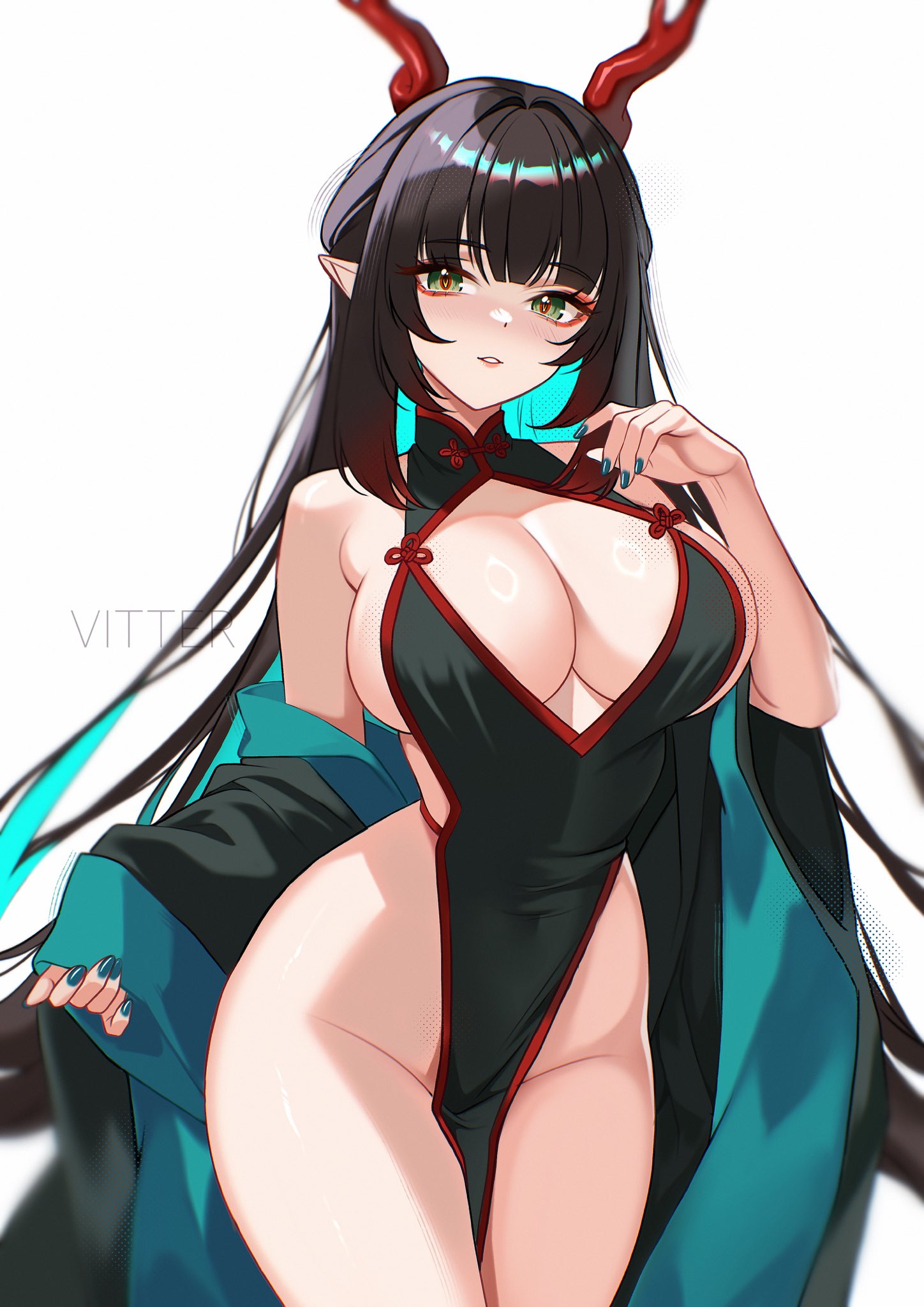 1girl, aqua hair, arknights, arknights: endfield, artist name, black dress, black hair, breasts, china, coat, colored inner hair, commentary, dragon girl, dragon horns, dragon tail, dress, earrings, eastern dragon horns, eastern dragon tail, green eyes, highres, horns, jewelry, large breasts, long hair, looking at viewer, multicolored hair, no panties, simple background, solo, tail, thighs, two-sided coat, two-sided fabric, two-tone hair, very long hair, vitter, white background, zhuang fangyi (arknights: endfield)