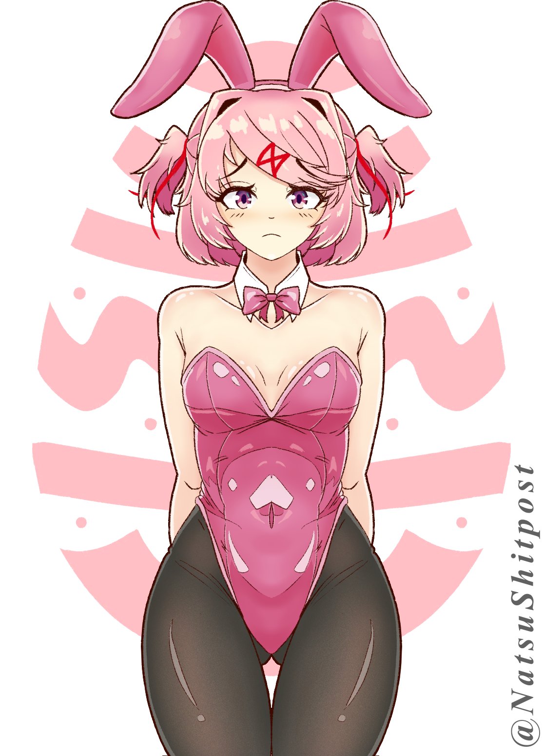 1girl, 1girls, absurd res, absurd resolution, absurdres, artist request, black suit, blush, blush lines, blushing, bob cut, bunny ears, bunny girl, bunnysuit, cute, cute face, ddlc, doki doki literature club, female, girl, hair ornament, hair ribbon, hair vents, hi res, high quality, high resolution, highres, image, image sequence, image set, jpg, legs, looking at viewer, natsuki (doki doki literature club), natsushitpost, nervous, painted nails, pantyhose, partially clothed, pigtails, pink eyes, pink hair, practically nude, questionable, reflective body, reflective clothing, ribbon, ribbon in hair, serenity forge, shining eyes, shiny clothes, shiny hair, shiny skin, short hair, showing off, simple background, small breasts, source, team salvato, thick thighs, thighs, torso, tsundere, twitter, twitter link, wholesome, x hair ornament