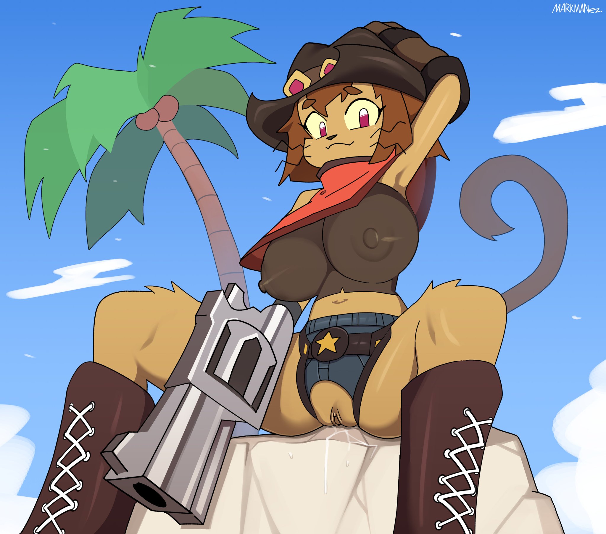 2d, 2d (artwork), 2d artwork, adjusting hat, alternate costume, anthro, artist name, big breasts, big nipples, blue shorts, bodily fluids, boots, breasts, brown boots, brown hair, brown pussy, busty, cat ears, cat tail, cat whiskers, catgirl, chaps, clitoral hood, clitoris, clothing, coconut tree, cowboy boots, cowboy hat, cowboy outfit, crooked whiskers, crotchless, crotchless clothes, crotchless clothing, crotchless shorts, day, digital drawing (artwork), digital media, digital media (artwork), domestic cat, drawing, drawn, exposed pussy, felid, felidae, feline, felis, female, female only, firearm, footwear, gameoverse, genital fluids, genitals, glitch productions, gun, gun arm, hair, handgun, hat, headgear, headwear, hi res, holding gun, holding handgun, holding object, holding ranged weapon, holding revolver, holding weapon, huge breasts, huge nipples, kit (gameoverse), kit bodega, labia, lace-up boots, looking at viewer, low-angle view, mammal, markmanez, nipple outline, nipples, nipples visible through clothing, palm tree, perky breasts, pistol, plant, poncho, pussy, pussy juice drip, pussy peek, ranged weapon, revolver, rock, see-through, see-through clothing, see-through top, shirt, shoes, sitting, sky, sky background, slim, solo, stone, tail, tight clothing, tight shirt, tight topwear, topwear, tree, tropical, underboob, vaginal fluids, visible breasts, vulva, weapon, weapon arm, whiskers, yellow fur