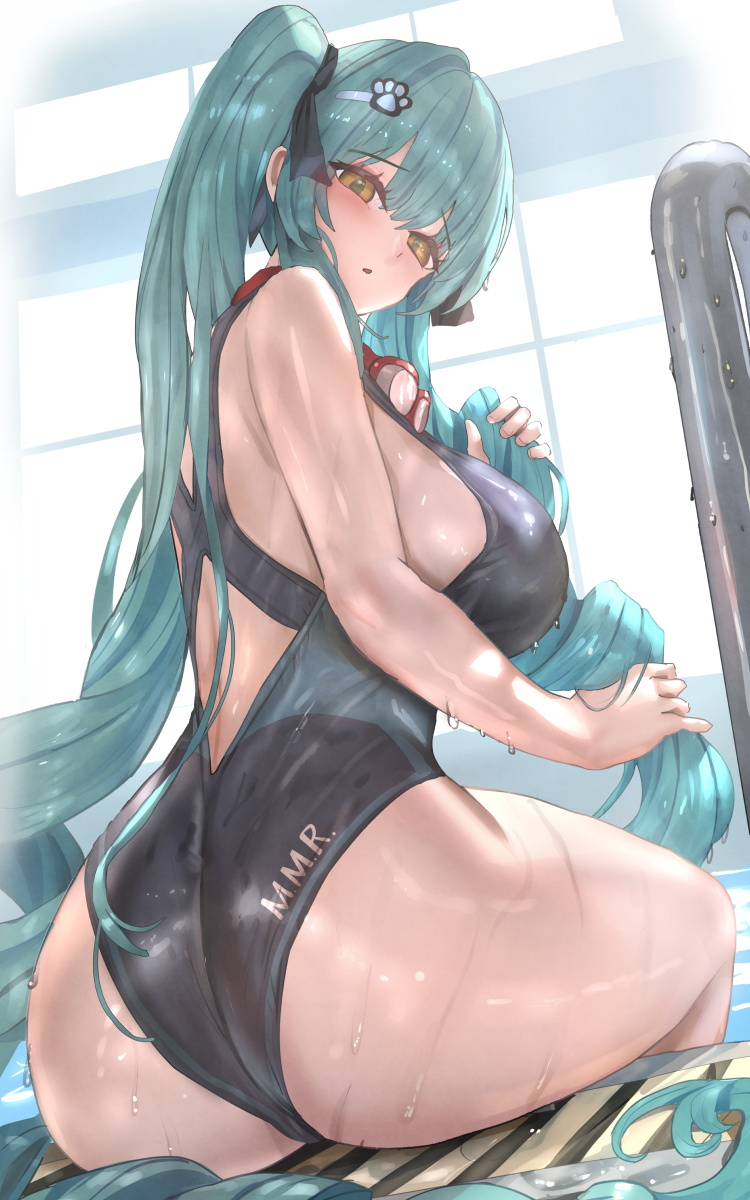 absurdly long hair, aqua hair, atai (artist), back view, blush, drying hair, fat ass, goddess of victory: nikke, hair, hand on hair, huge ass, huge breasts, looking back, looking pleasured, pool, privaty (nikke), sideboob, swimming goggles, swimsuit, twintails, wet body, yellow eyes