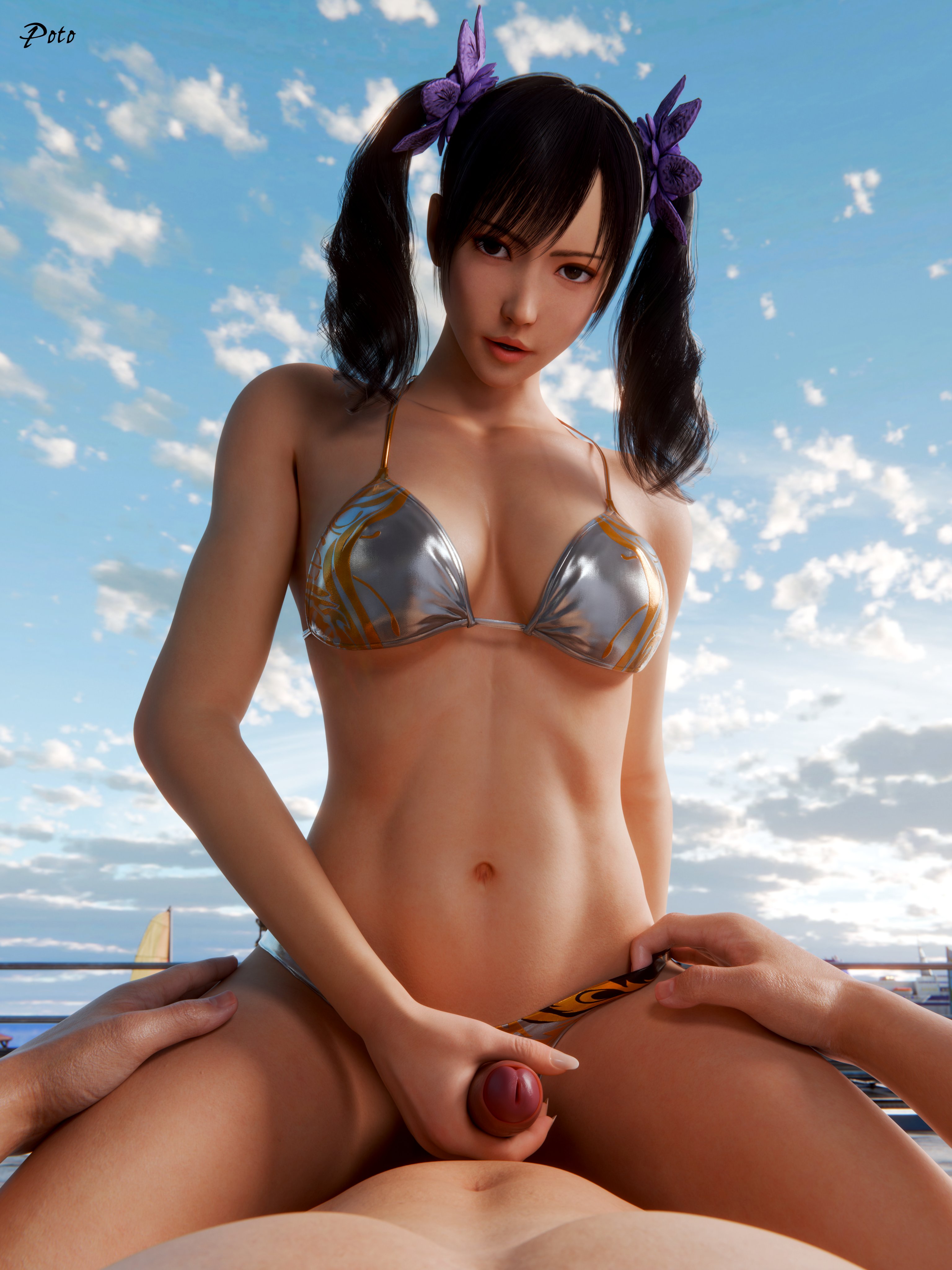 1boy, 1girls, 3d, 3d (artwork), 3d model, ad8 3d, big penis, bikini, boat, clothed female nude male, deltafxx, female, female focus, female on top, female torso, glans, hand on penis, handjob, hands on thighs, hi res, high resolution, highres, legs spread, ling xiaoyu, male, male pov, muscular male, namco, navel, outdoor sex, outdoors, partial male, pecs, penis, penis grab, potojackase, sex, silver bikini, sitting, sitting on another, sitting on person, spread legs, straight sex, tagme, tekken, tekken 8, thighs, twintails