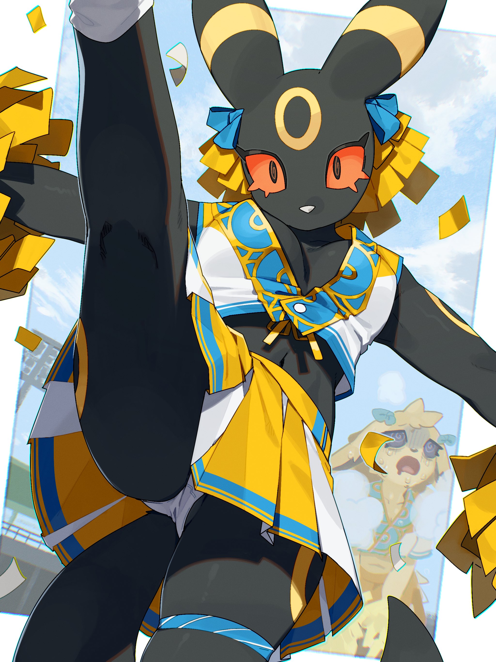 2026, anthro, biped, bodily fluids, bottomwear, breasts, cheerleader outfit, clothed, clothed anthro, clothed female, clothing, digital drawing (artwork), digital media (artwork), duo, eeveelution, female, front view, fully clothed, fully clothed anthro, fully clothed female, fur, generation 1 pokemon, generation 2 pokemon, hi res, jolteon, kame 3, navel, nintendo, panties, pokemon, pokemon (species), skirt, solo focus, spiral, spiral eyes, spiral pupils, standing, sweat, tail, topwear, umbreon, underwear