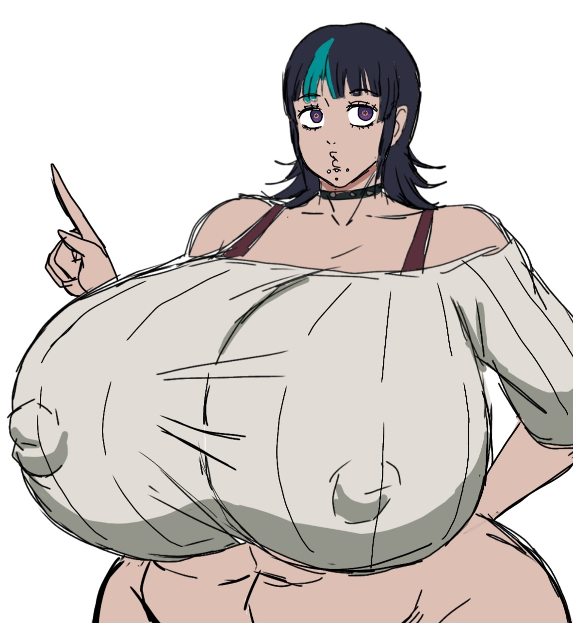 1girls, 2d, aged up, alternate breast size, big breasts, black hair, breasts, breasts bigger than head, female, female focus, female only, hoshi kirara, human, human only, jujutsu kaisen, large breasts, mammal, momiji (artist), nipple bulge, piercing, solo, solo focus, two-tone hair, white hair, woman, woman only, woman solo