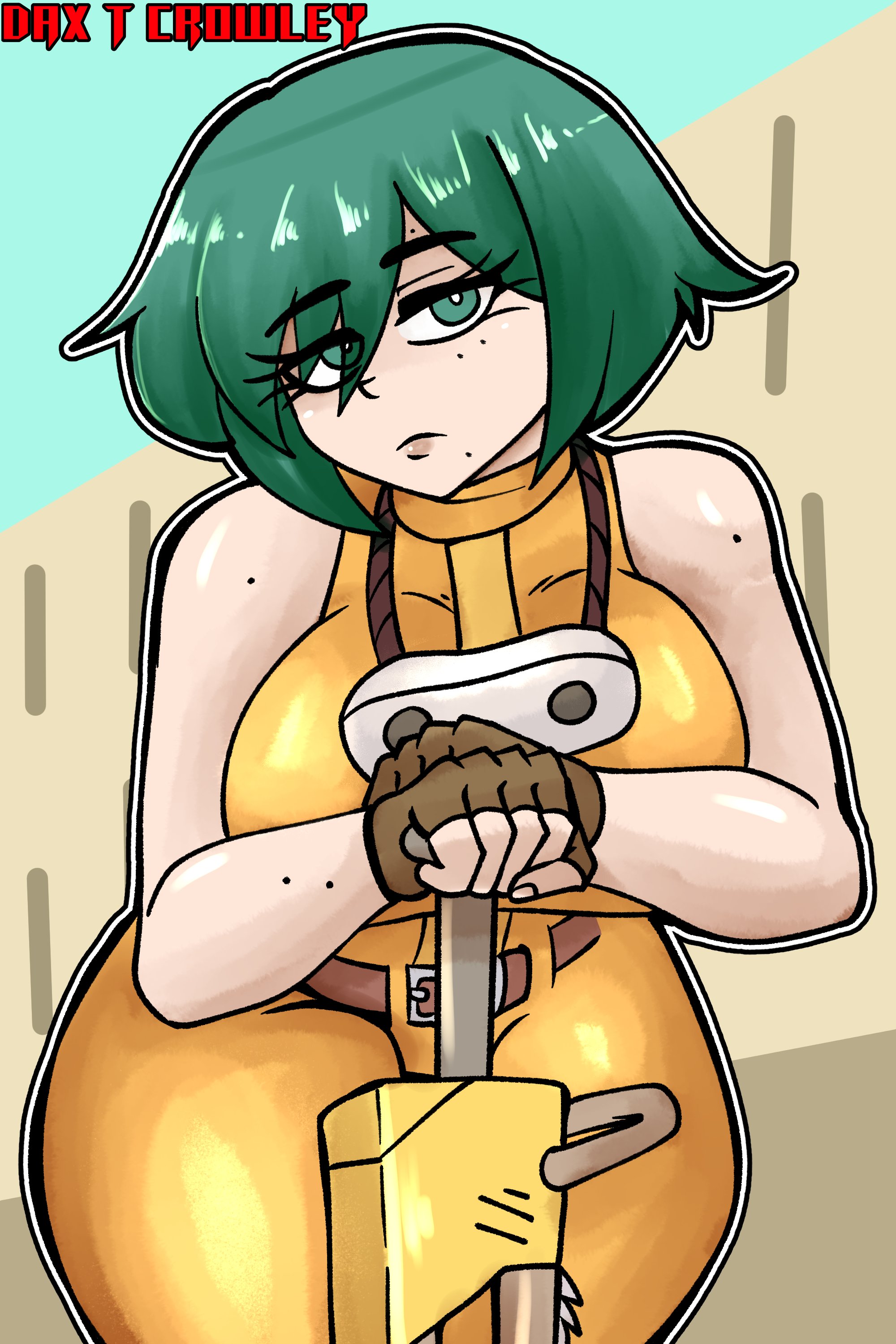 1girls, big breasts, breasts, female, female focus, female only, freckles, freckles on face, gloves, goggles, green eyes, green hair, huge breasts, jumpsuit, motorslice, p (motorslice), rose dax, short hair, solo, solo female, solo focus, thick, thick thighs, tomboy, weapon