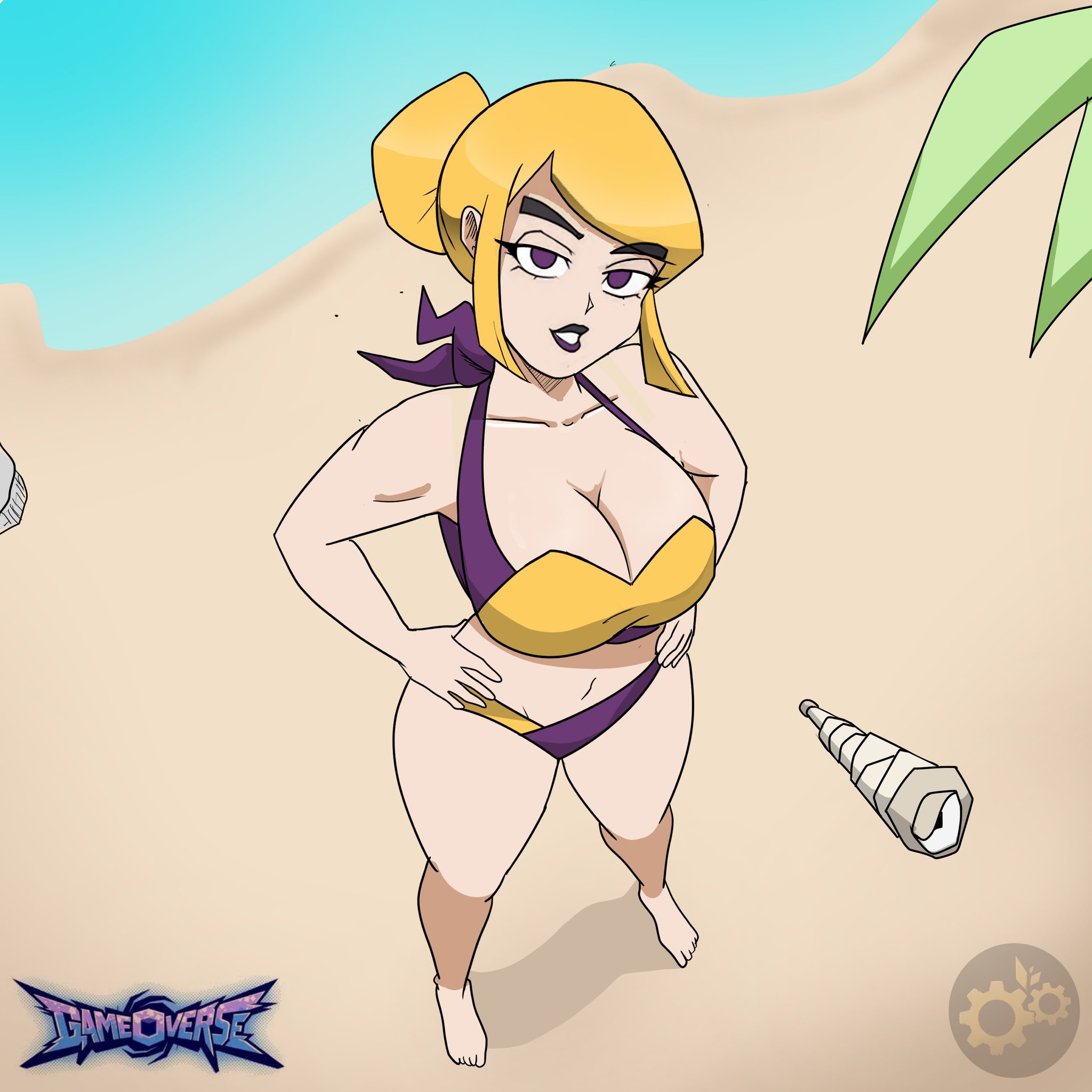 1:1, 1girls, artist logo, beach, big breasts, bikini, blonde female, blonde hair, clockworkstudio, copyright name, female, female focus, fold (gameoverse), from above, full body, gameoverse, glitch productions, hair bun, hi res, lips, lipstick, looking at viewer, miss information (gameoverse), palm tree, parted lips, purple eyes, sand, smile, solo focus, tied hair, tree, water, watermark