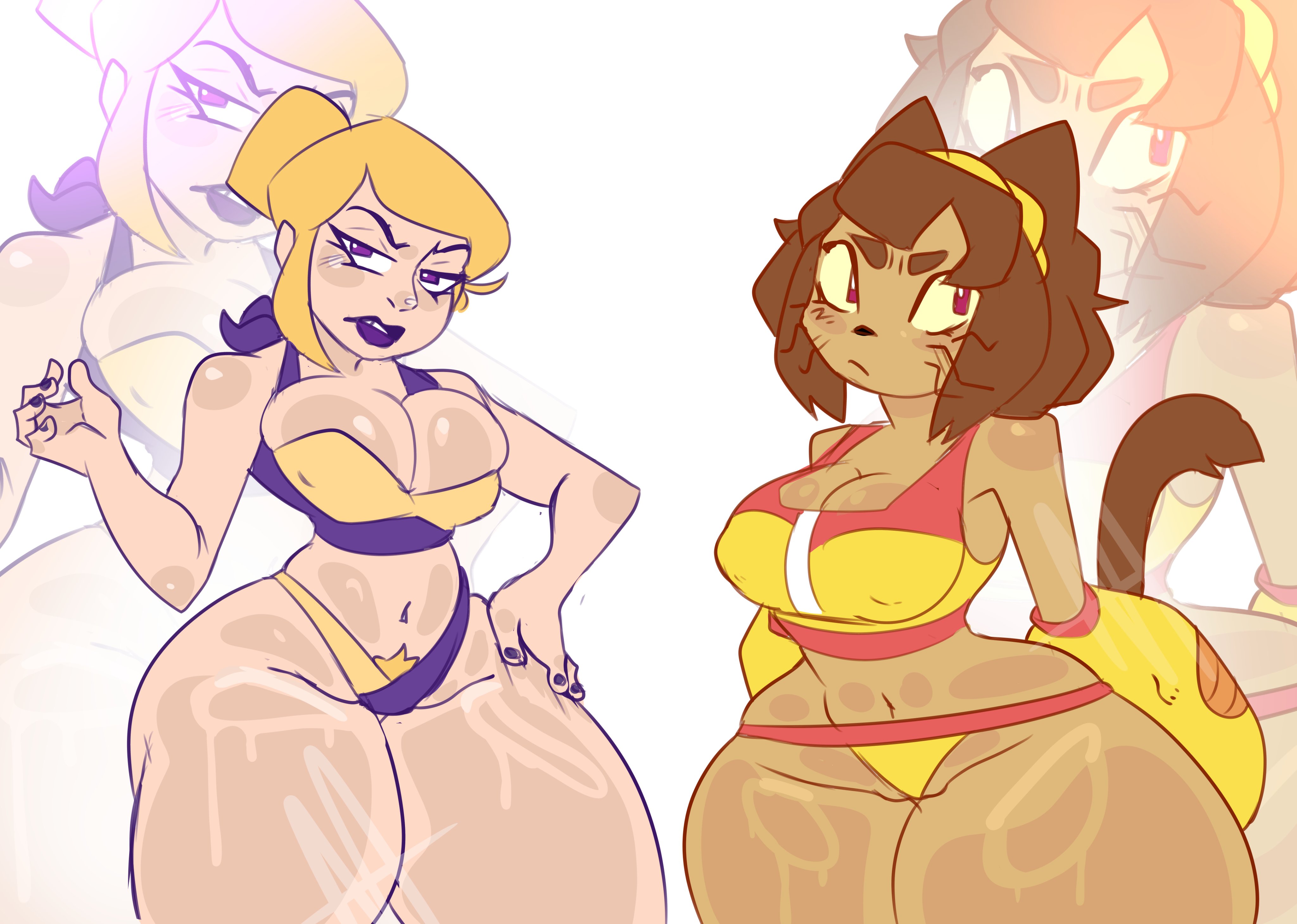 2girls, anthro, belly button, big breasts, bikini, bikini bottom, bikini top, blonde, blonde female, blonde hair, blonde-haired female, bob cut, breasts, brown cat, brown cat ears, brown hair, cat ears, cat nose, cat tail, catgirl, female, female focus, female only, fur, furry, furry female, gameoverse, glitch productions, hair bun, headband, kit (gameoverse), kit bodega, light skin, light-skinned female, lipstick, mat zeus, miss information (gameoverse), navel, pubic hair, pubic hair peek, purple eyes, purple lipstick, red eyes, swimsuit, thick eyebrows, thick thighs, thighs, tummy, two-piece swimsuit, whiskers