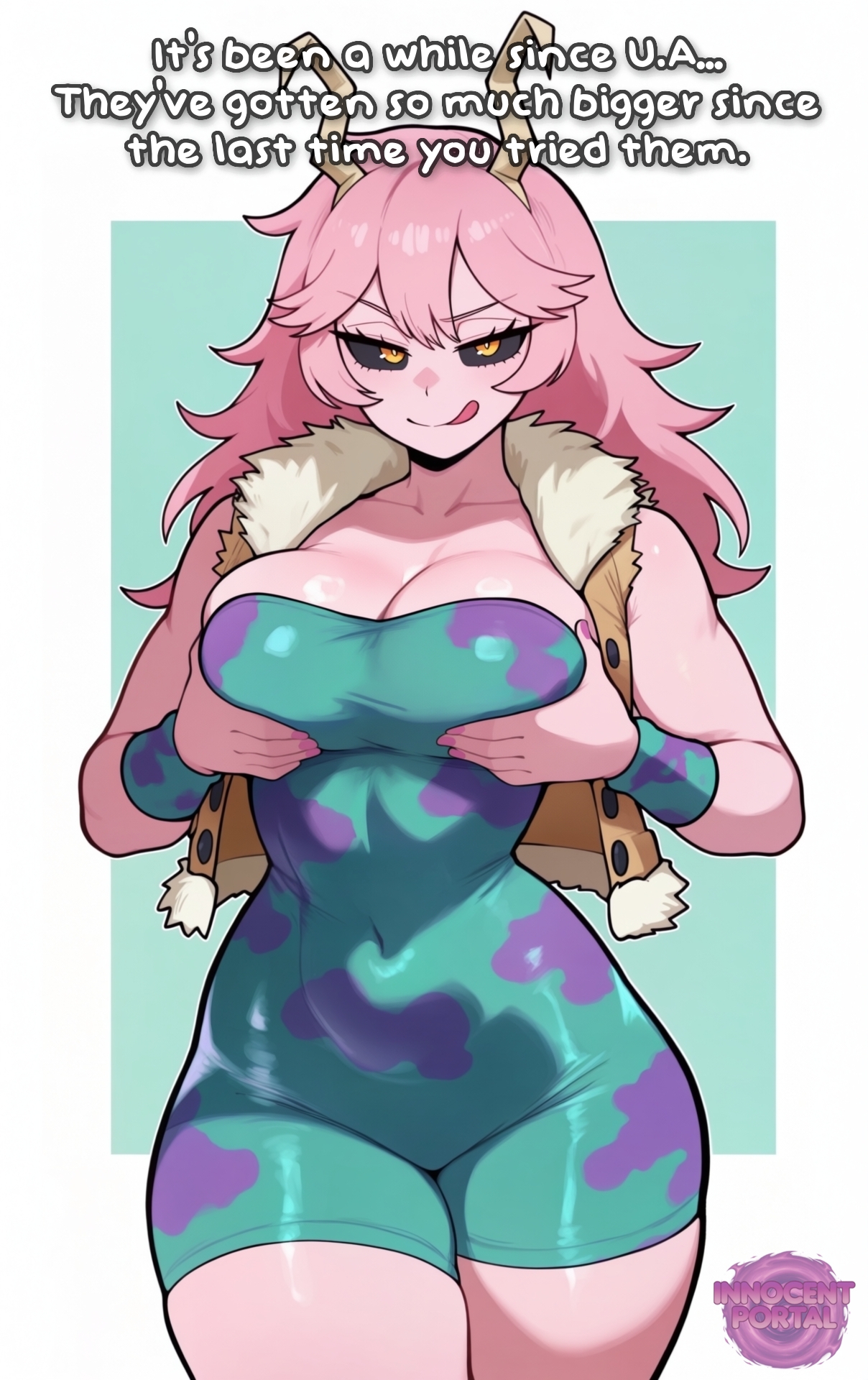 1girls, ai generated, big breasts, black sclera, boku no hero academia, breasts, brown vest, busty, busty female, cleavage, english, english text, fanart, female, female focus, female only, flirting, flirting with viewer, flirty, fur, fur vest, grabbing own breast, hips, jorgecarlosai, long hair, mina ashido, mina ashido time-skip, my hero academia, navel, pink hair, pink skin, pink-haired female, pinky (mha), quirk (mha), quirked human (my hero academia), sexy, sexy body, sexy female, strapless, strapless unitard, taut clothes, text, thick, thighs, timeskip, toned, toned female, tongue, tongue lick, tongue out, unitard, vest, watermark, wide hips, wristbands, yellow eyes