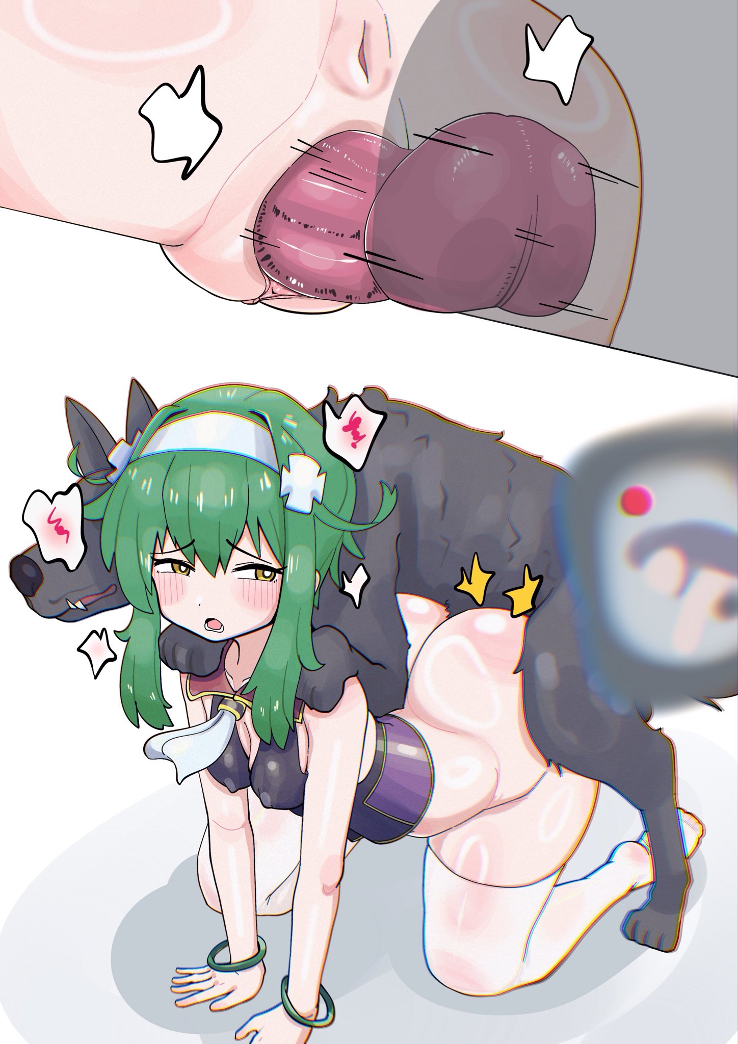 2d, all fours, anus, camera, canine, canine on human, canine penis, clothing, eyeliner, female on feral, femsub, feral, feral on female, feral on human, feral penetrating, feral penetrating human, filming, green hair, highres, human female, human on feral, human penetrated, knot, narrowed eyes, nipple bulge, original, original character, pale skin, pale-skinned female, pussy, recording, seiranaichi, small breasts, stockings, submissive human, thick ass, thighhighs, uncensored, vagina, vaginal penetration, wide hips, yellow eyes, zoophilia