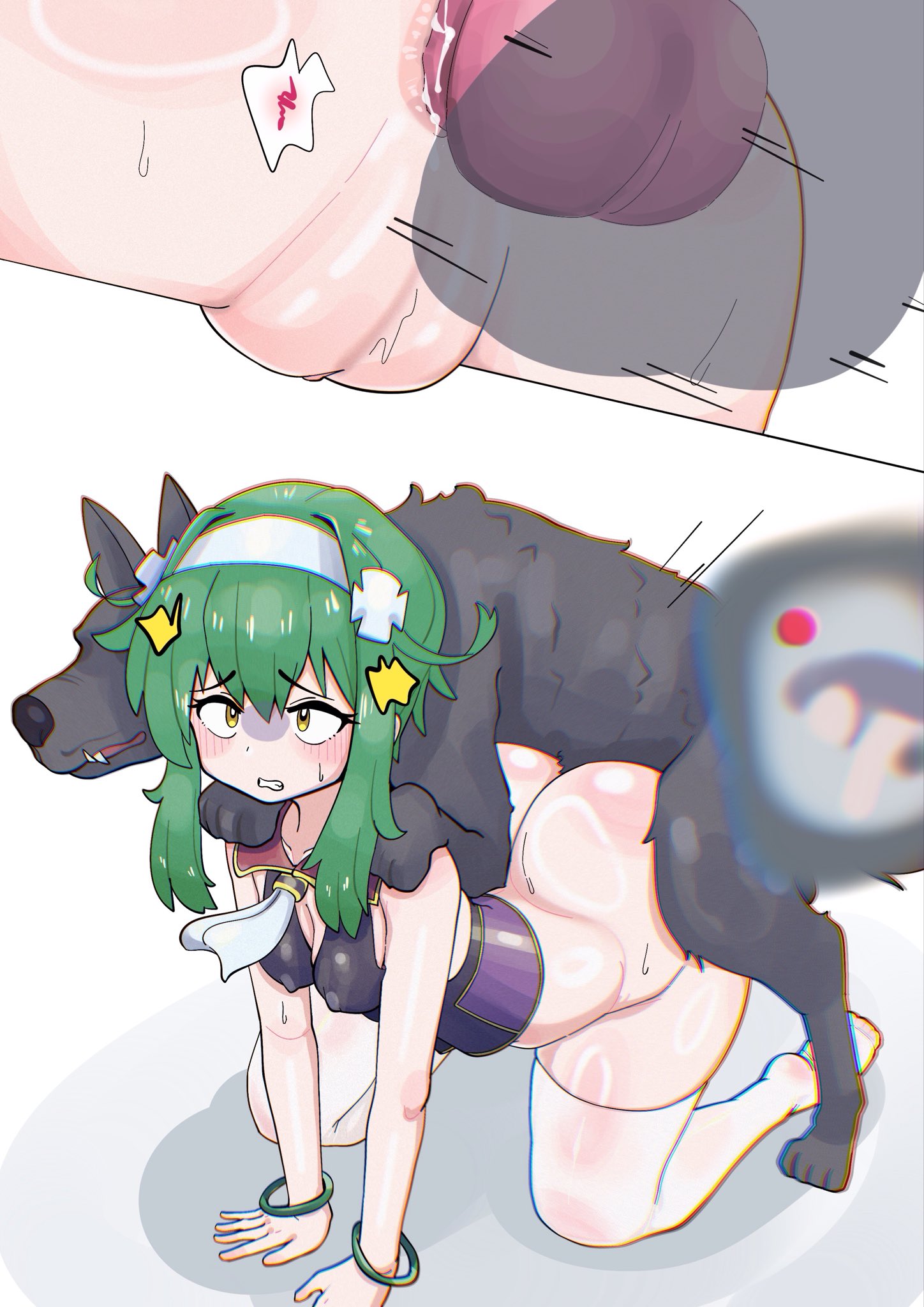 2d, all fours, anal, anal sex, anus, blush, blushing profusely, camera, canine, canine on human, canine penis, clothing, eyeliner, female on feral, femsub, feral, feral on female, feral on human, feral penetrating, feral penetrating human, filming, green hair, gritted teeth, highres, human female, human on feral, human penetrated, knot, nervous, nipple bulge, original, original character, pale skin, pale-skinned female, pussy, recording, seiranaichi, shocked, small breasts, stockings, submissive human, surprised, thick ass, thighhighs, uncensored, vagina, wide hips, yellow eyes, zoophilia
