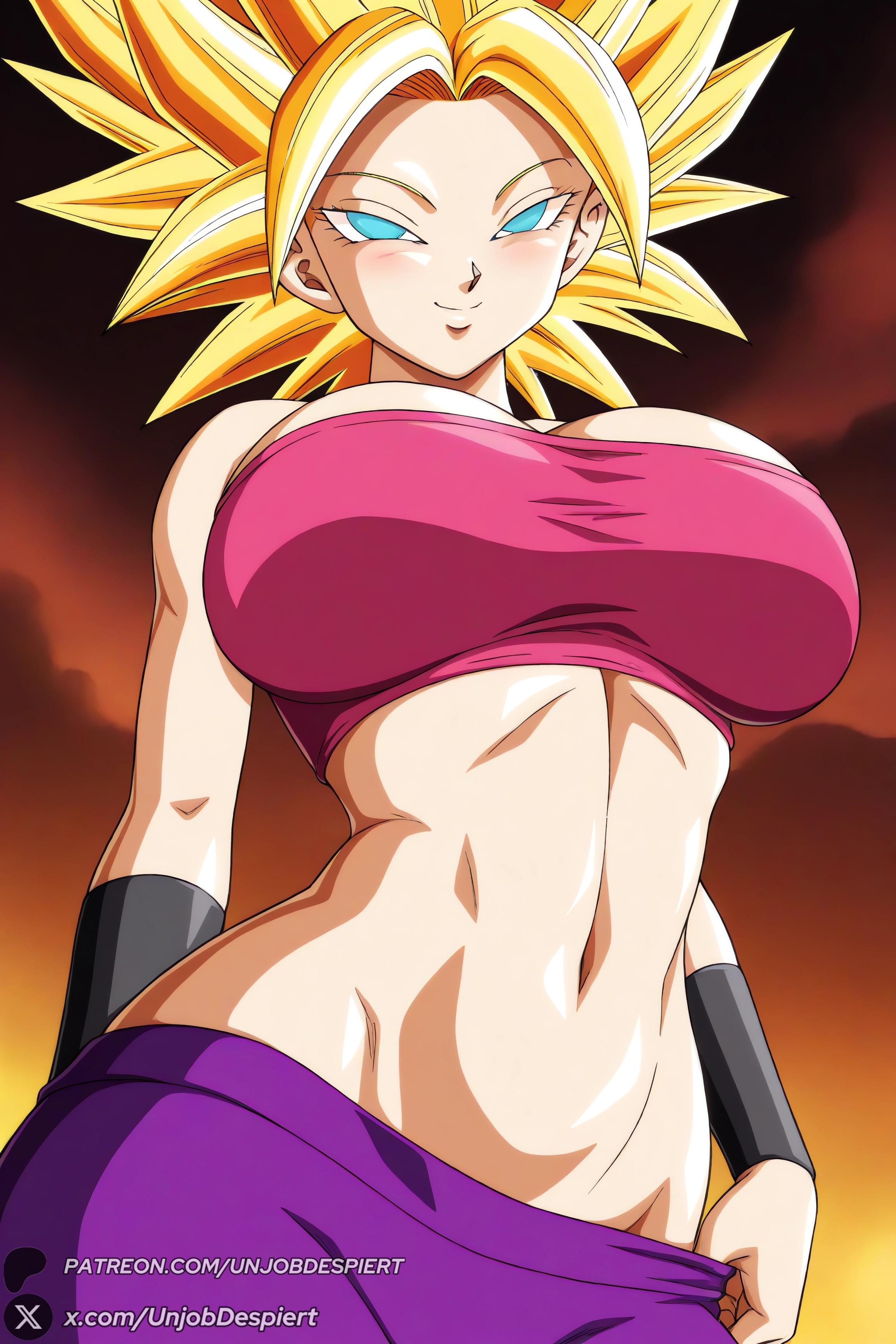 1female, 1girl, 1girls, 2026, ai generated, aqua eyes, artist name, big ass, big breasts, big hair, blonde hair, blush, breasts, caulifla, cleavage, closed mouth, crop top, curvy, dragon ball, dragon ball super, female, female only, hi res, high quality, high resolution, highres, huge ass, huge breasts, large breasts, looking at viewer, midriff, navel, pants, patreon, patreon username, purple pants, smile, solo, spiked hair, strapless, super saiyan, tube top, unjobdespiert, watermark, web address