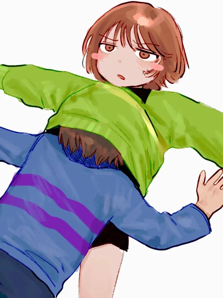 2ambiguous, ambiguous gender, artist request, breasts, burying face, chara, confused, confused expression, confused face, confused look, confusion, frisk, head buried, head under skirt, laying down, laying on back, under shirt, undertale
