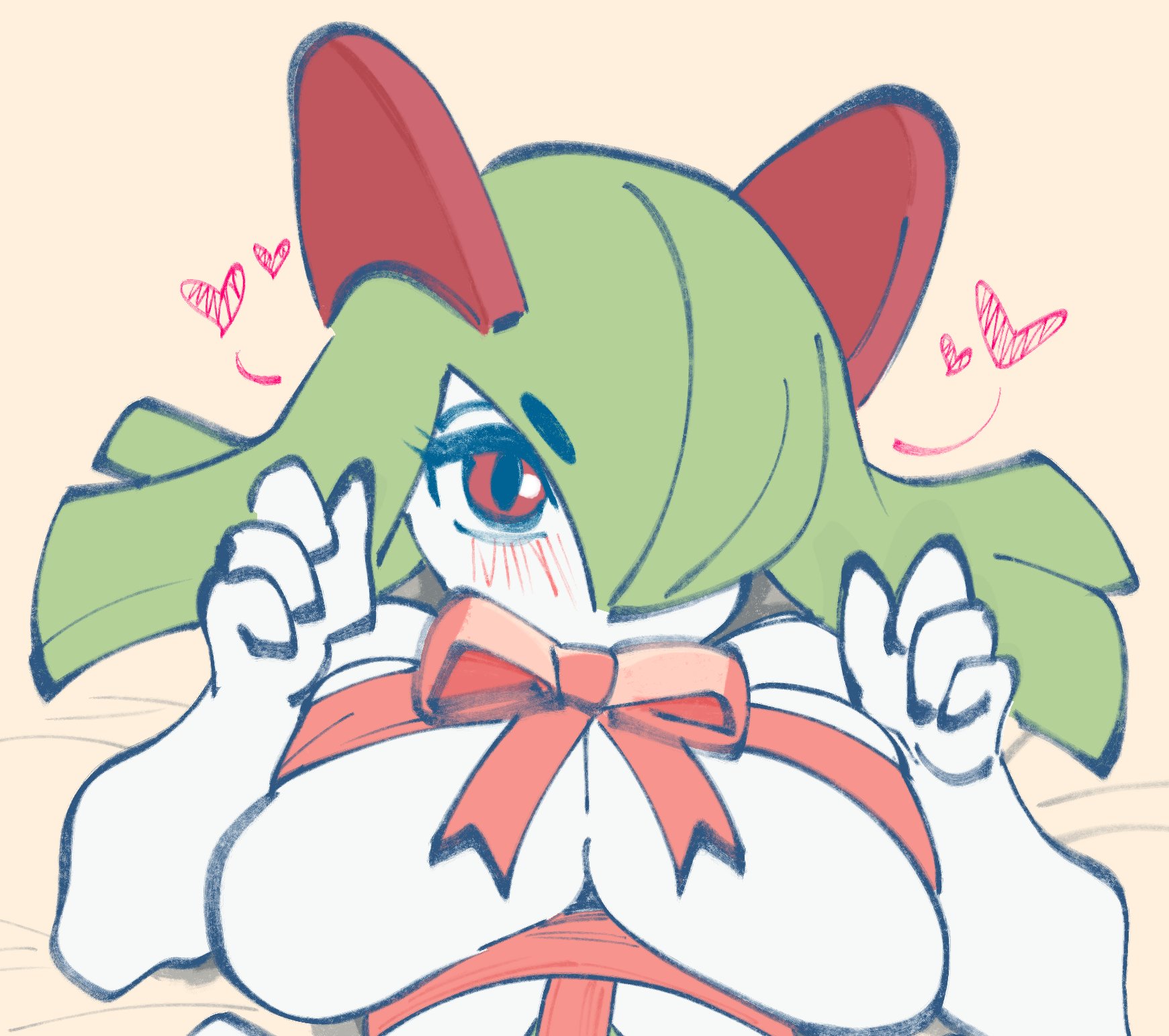 blush, breasts, covered nipples, green hair, heart, kirlia, large breasts, looking at viewer, lying, lying on back, mochichi, pokemon, pokemon (species), red eyes, ribbon, ribbons, short hair, slim waist, tagme