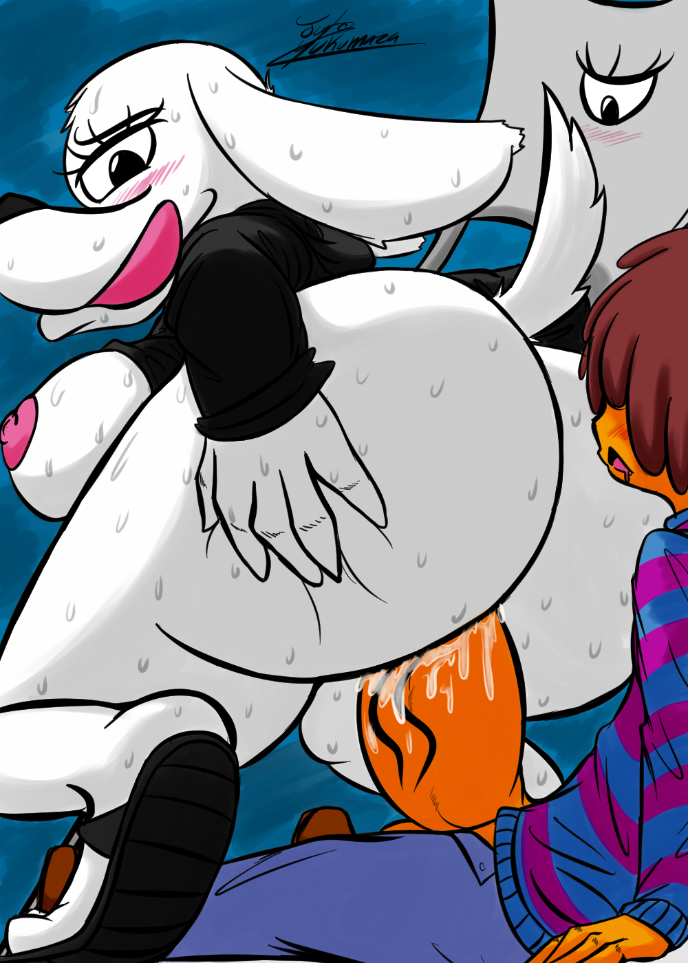 anthro ass big_breasts black_nose blush breasts canine dog dogaressa erection female frisk fur furry human jyto male mammal nipples outdoors penetration penis robe royal_guard_(undertale) sex simple_background smile straight tongue undertale white_fur