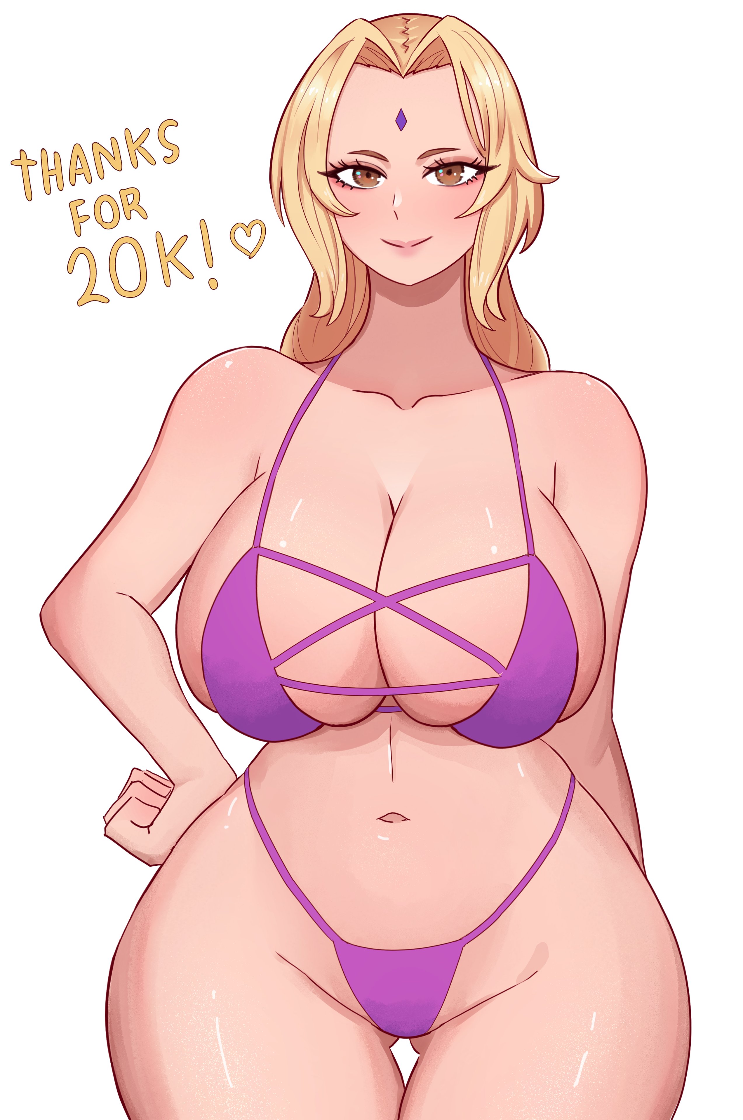 1girls, arthydraws, big breasts, bikini, blonde hair, boruto: naruto next generations, breasts, english text, female, female focus, female only, huge breasts, light skin, light-skinned female, long hair, mature female, naruto, naruto (classic), naruto (series), naruto shippuden, swimsuit, text, tsunade, voluptuous, white background, wide hips