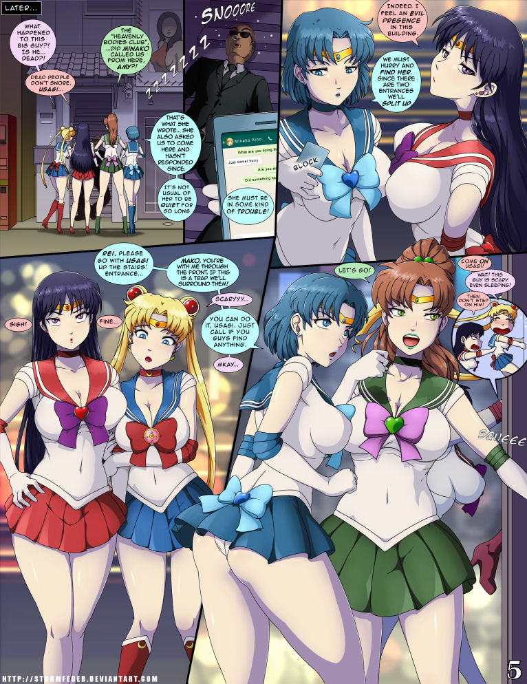 4girls, ami mizuno, bald, bishoujo senshi sailor moon, black hair, blonde hair, blue eyes, blue hair, blue lipstick, breasts, brown hair, cellphone, cleavage, clothed, clothing, comic, female, green eyes, green lipstick, human, human only, lipstick, makoto kino, multiple females, multiple girls, page 5, panties, purple eyes, rei hino, sailor jupiter, sailor mars, sailor mercury, sailor moon, skirt, small breasts, stormfeder, strip club, text, thighs, url, usagi tsukino, watermark, white panties