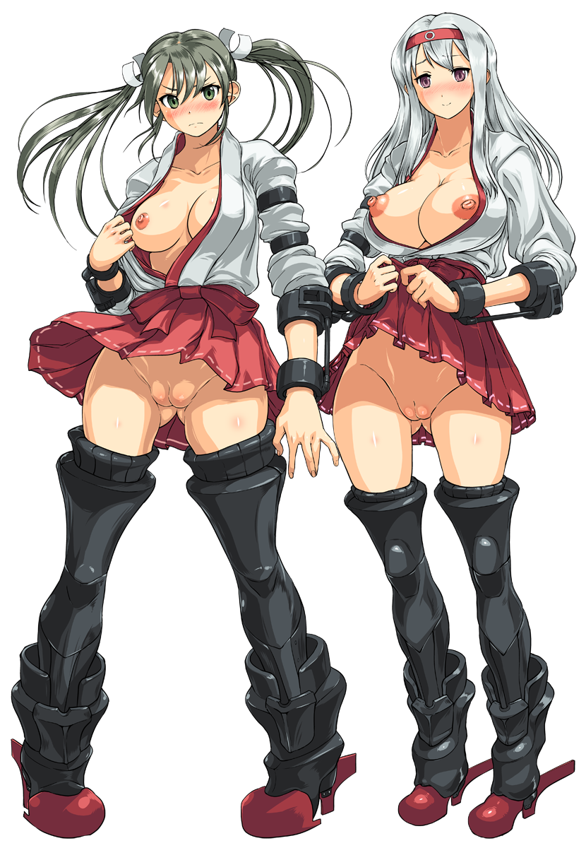 2girls armor armored_boots ass_visible_through_thighs blush boots breasts cleavage cleft_of_venus cosine green_eyes grey_hair hair_ribbon hairband hakama highres japanese_clothes kantai_collection kimono kimono_skirt large_breasts long_hair looking_at_viewer multiple_girls nipples no_panties open_clothes purple_eyes pussy ribbon shoukaku_(kantai_collection) silver_hair smile thigh_boots thighhighs tied_hair transparent_background twintails uncensored white_ribbon zuikaku_(kantai_collection)