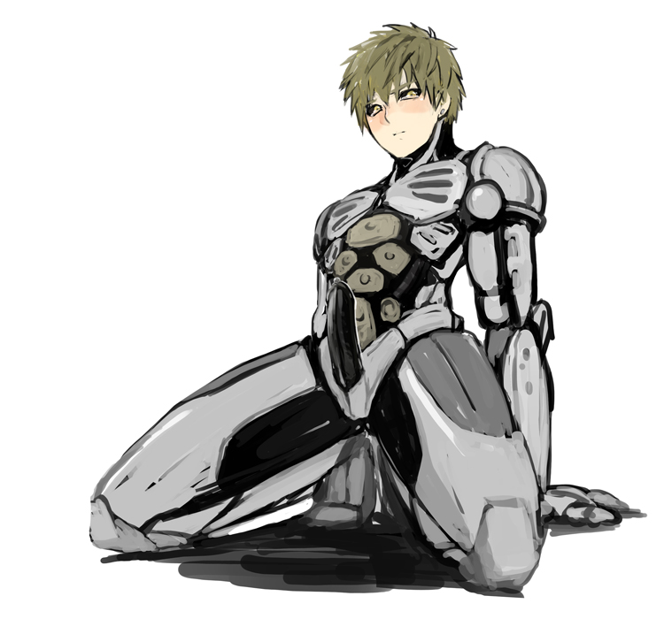 1boy blonde_hair blush cum erection full_body gay genos male male_only one-punch_man penis simple_background solo tears white_background yaoi