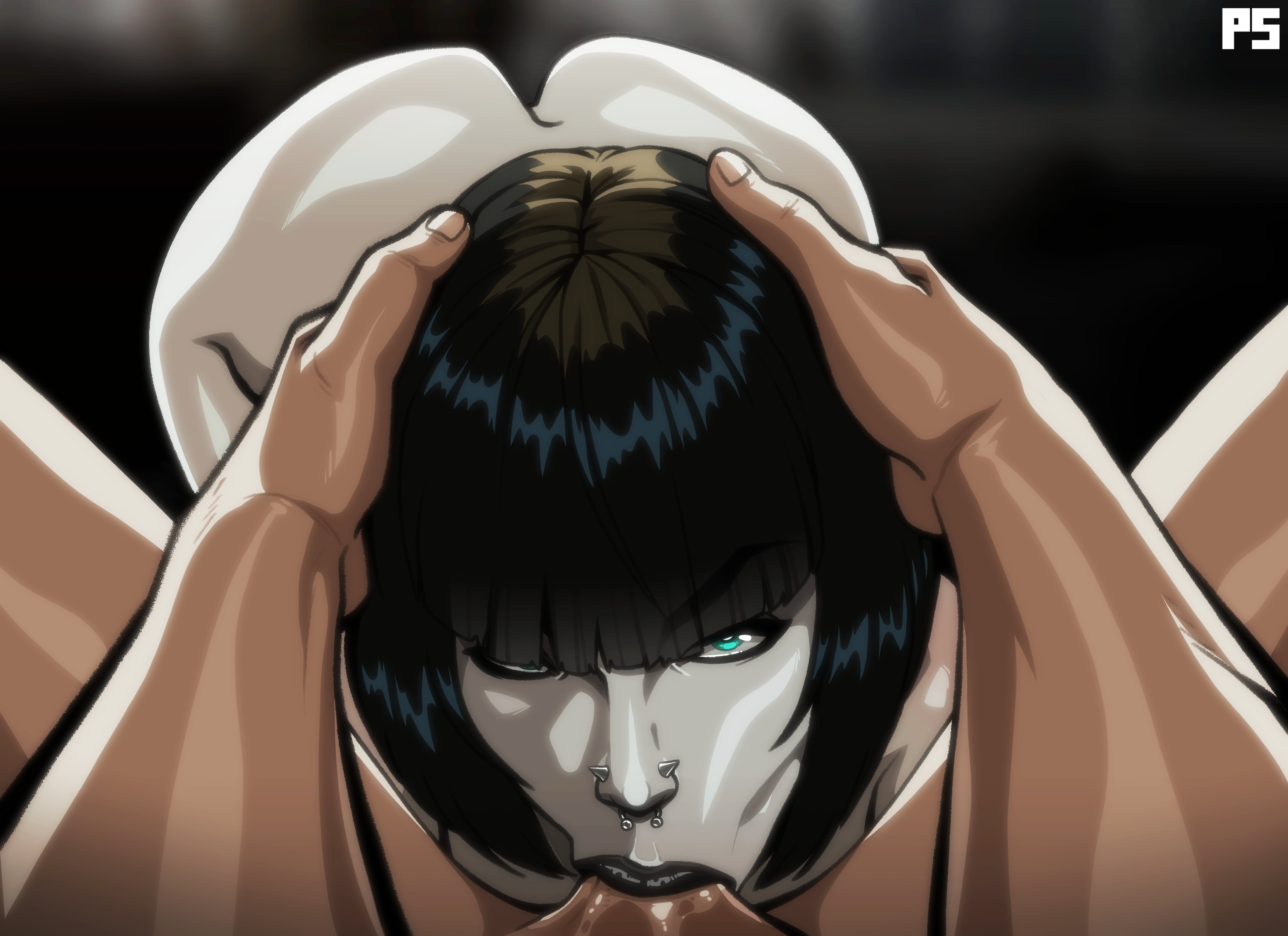 :>=, 1boy, 1girls, 2025, absurd res, all fours, ass, balls, balls deep, balls deep fellatio, bangs, black hair, black lipstick, blowjob, blue eyes, blunt bangs, bodily fluids, deepthroat, duo, eye contact, fellatio, female, front view, genitals, goth, goth girl, grabbing, grabbing head, hair, head grab, hi res, holding head, human, human on human, human only, irrumatio, kneeling, light skin, light-skinned female, light-skinned male, lipstick, looking at viewer, madeline zoldak, male, male pov, male/female, medium hair, naked, nose piercing, nude, nude female, nude male, open mouth, oral, oral penetration, oral sex, original, original character, pale skin, pale-skinned female, partial male, penis, penis in mouth, piercing, pov, pov eye contact, pumpkinsinclair, saliva, signature, straight, straight sex, unseen male face