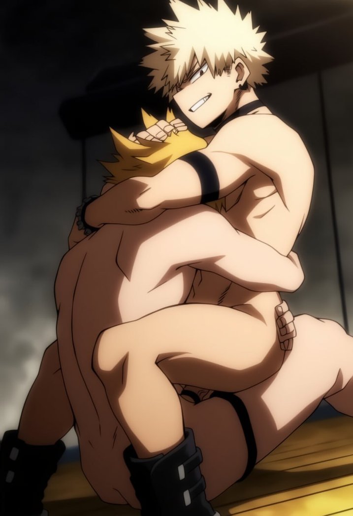 ai generated, bakugou katsuki, bara, boku no hero academia, denki kaminari, gay, hawkchan99, kaminari denki, katsuki bakugou, male, male focus, male only, muscular, muscular male, my hero academia, pubic hair, yaoi
