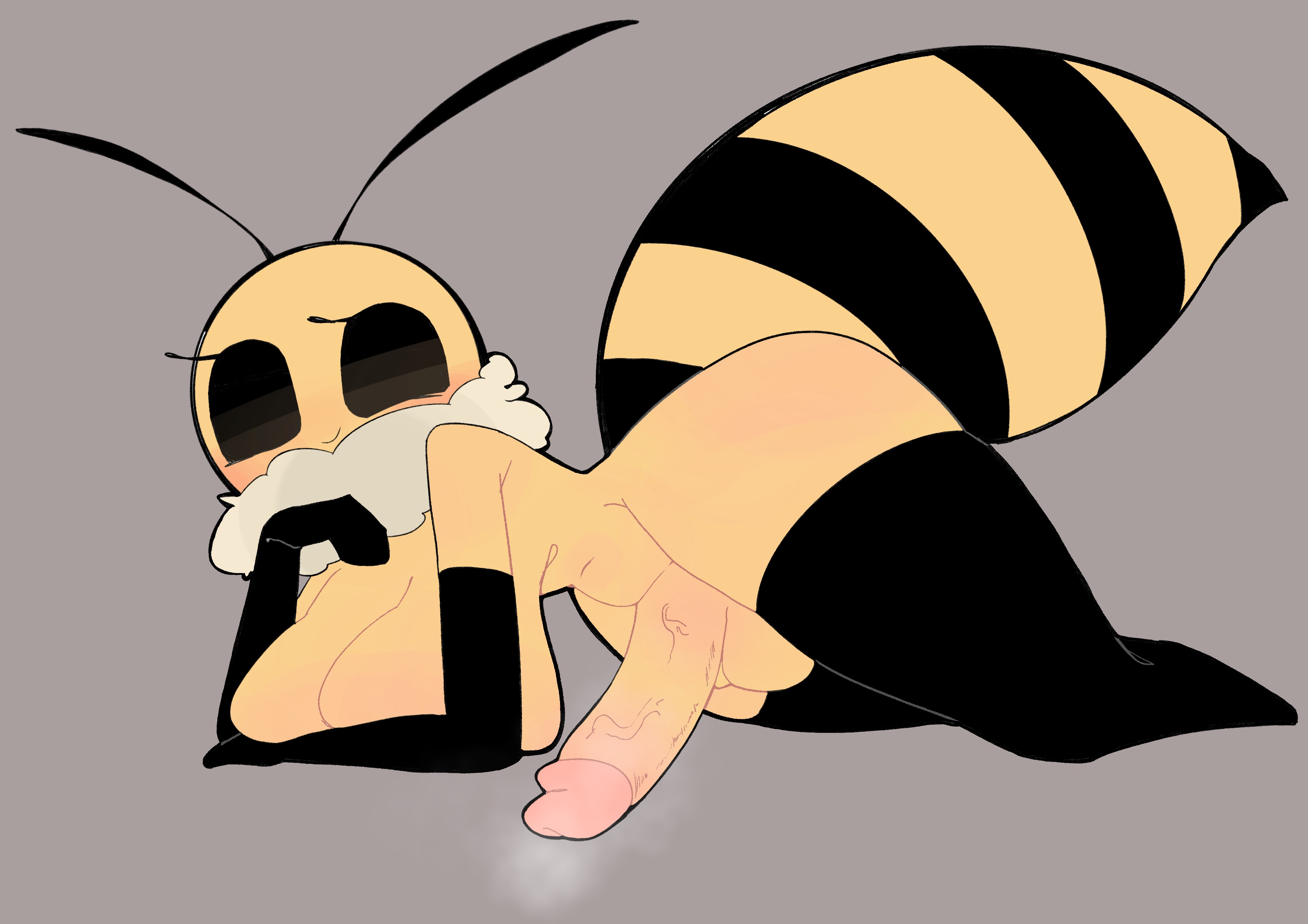 1futa, antennae (anatomy), anthro, arthropod, bee, bee girl, black eyes, black sclera, black stripes, blush, breasts, breasts on floor, bug fables, elbow gloves, female, futanari, gloves, grey background, hourglass figure, hss dada, intersex, large breasts, large penis, laying down, looking at viewer, moonsprout games, navel, nude, penis, smile, stinger, tagme, thick thighs, thighhighs, vi (bug fables)