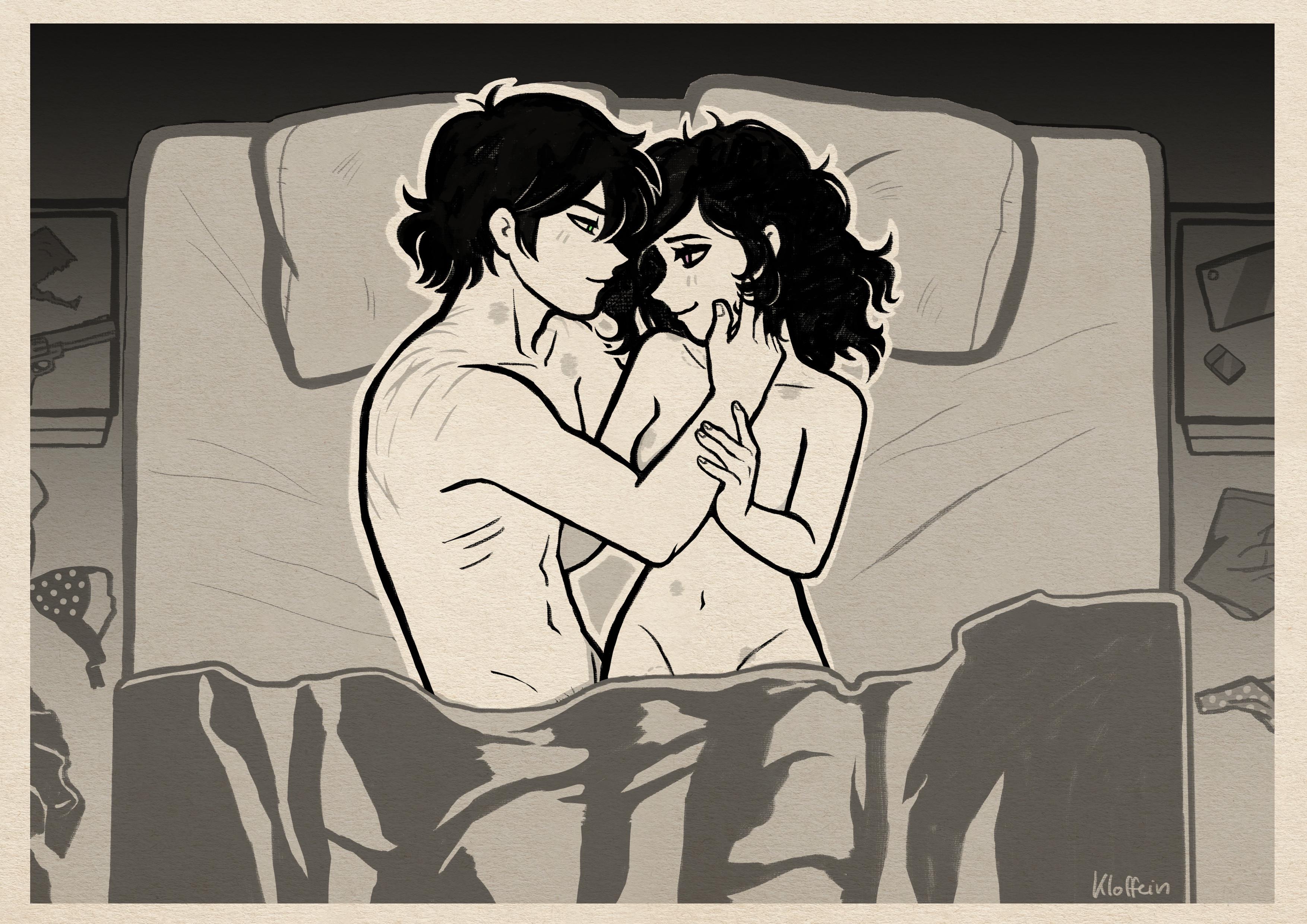 1boy, 1girls, 2d, andrew graves, ashley graves, bed, bite mark, bite marks, black hair, blush, breasts, brother and sister, caress, caressing, caressing face, couple, eye contact, female, green eyes, in love, incest, kloffein, looking at another, looking at each other, looking at partner, lying, lying on back, lying on bed, male, nude, passionate, pink eyes, romantic, scratch marks, scratches, sibling incest, siblings, the coffin of andy and leyley